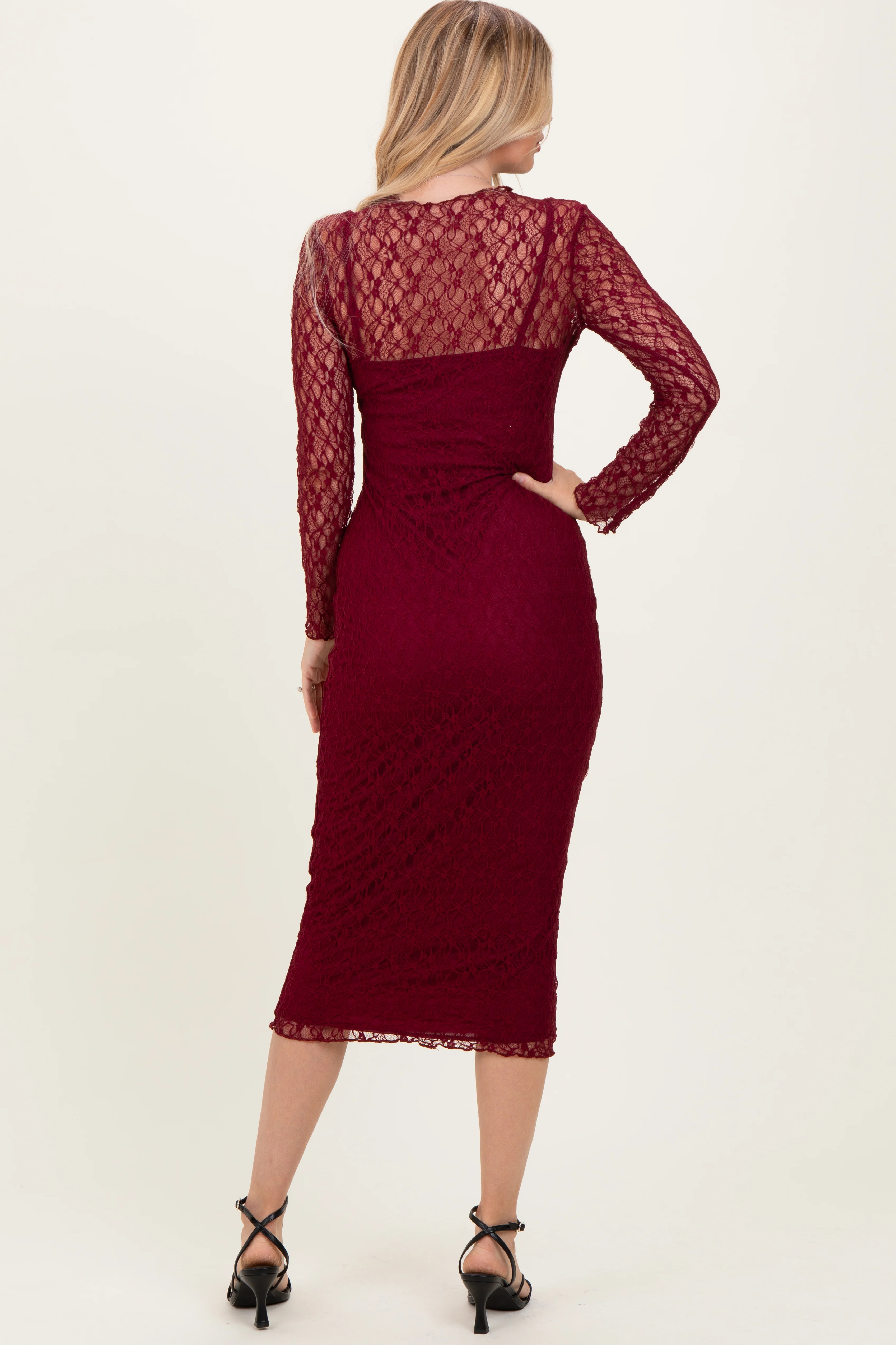 Burgundy Lace Overlay Fitted Midi Dress - Image 4