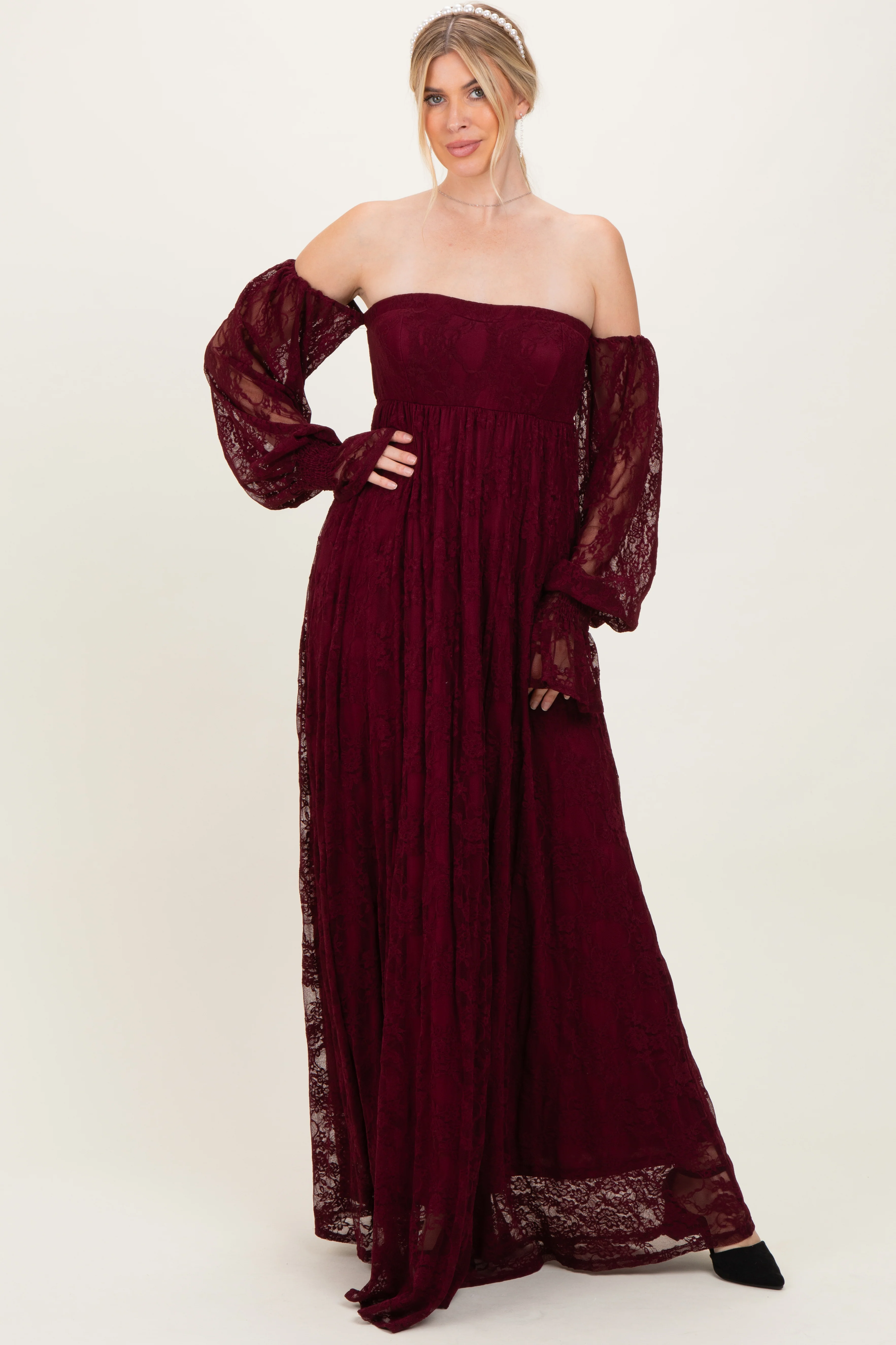 Burgundy Lace Smocked Long Sleeve Off Shoulder Maternity Maxi Dress - Image 5