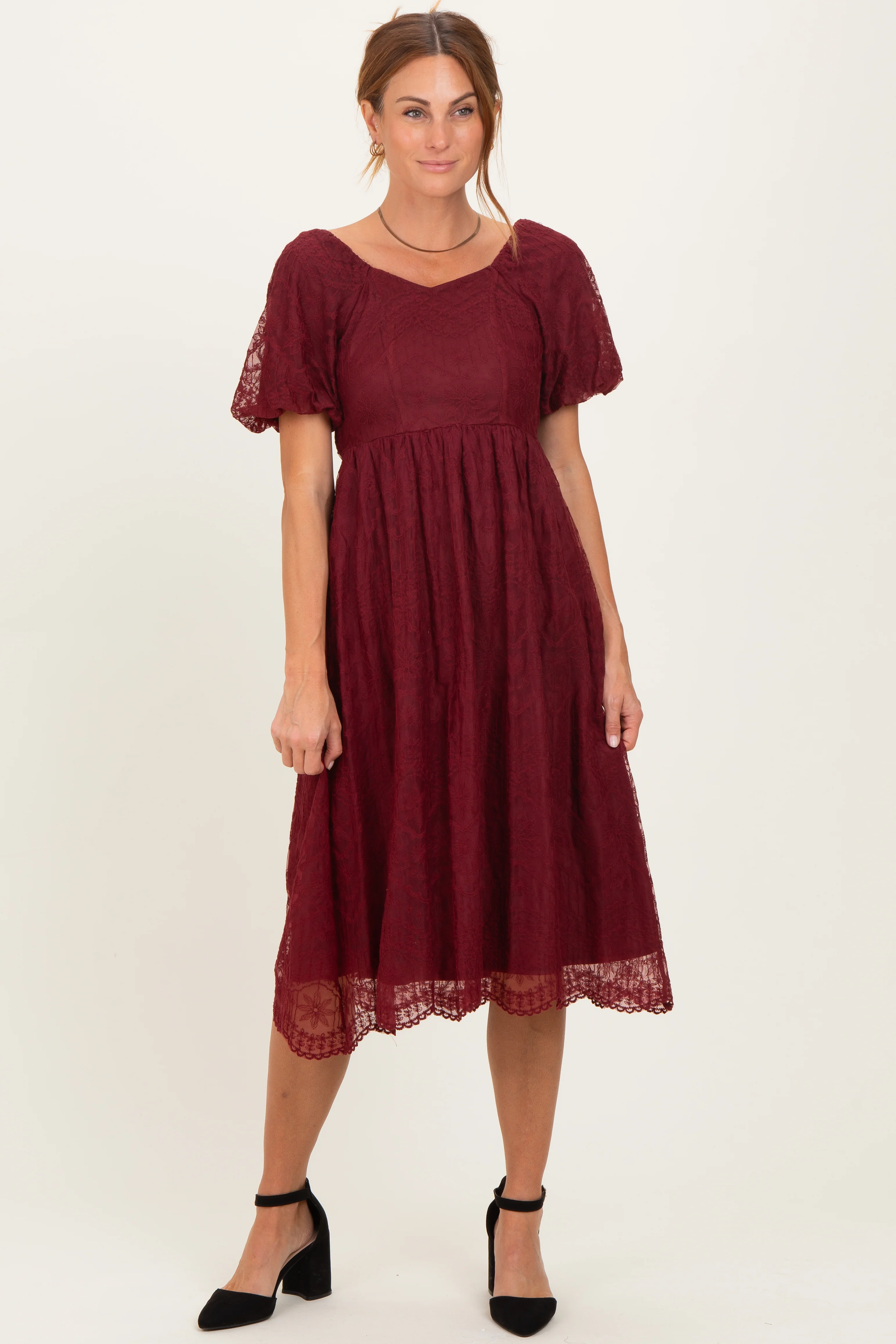 Burgundy Lace Sweetheart Neck Short Sleeve Maternity Midi Dress - Image 5