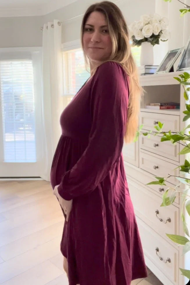 Burgundy Long Puff Sleeve Maternity Dress - Image 5