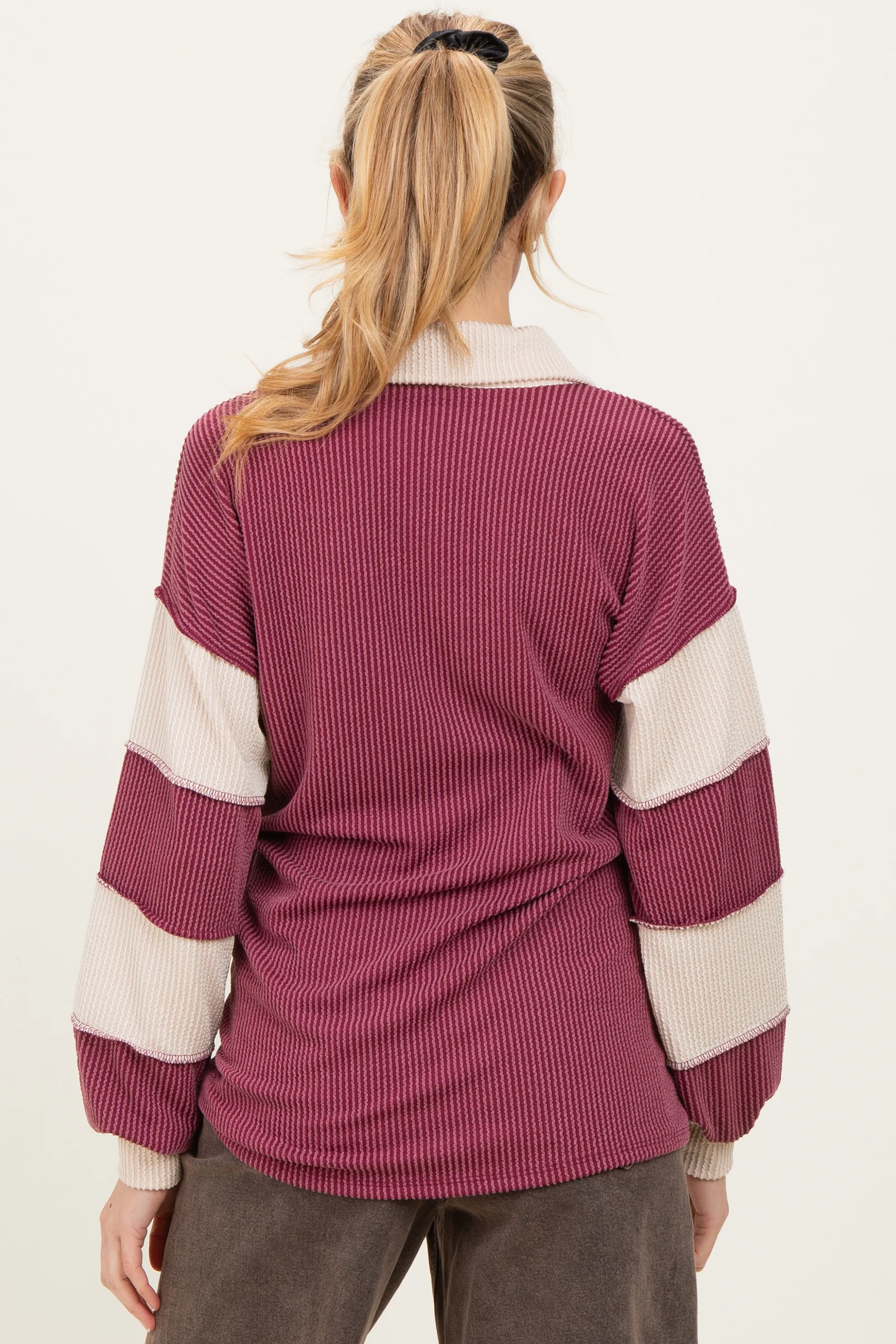 Burgundy Long Sleeve Collar Solid Contrast Maternity Top - Image 4