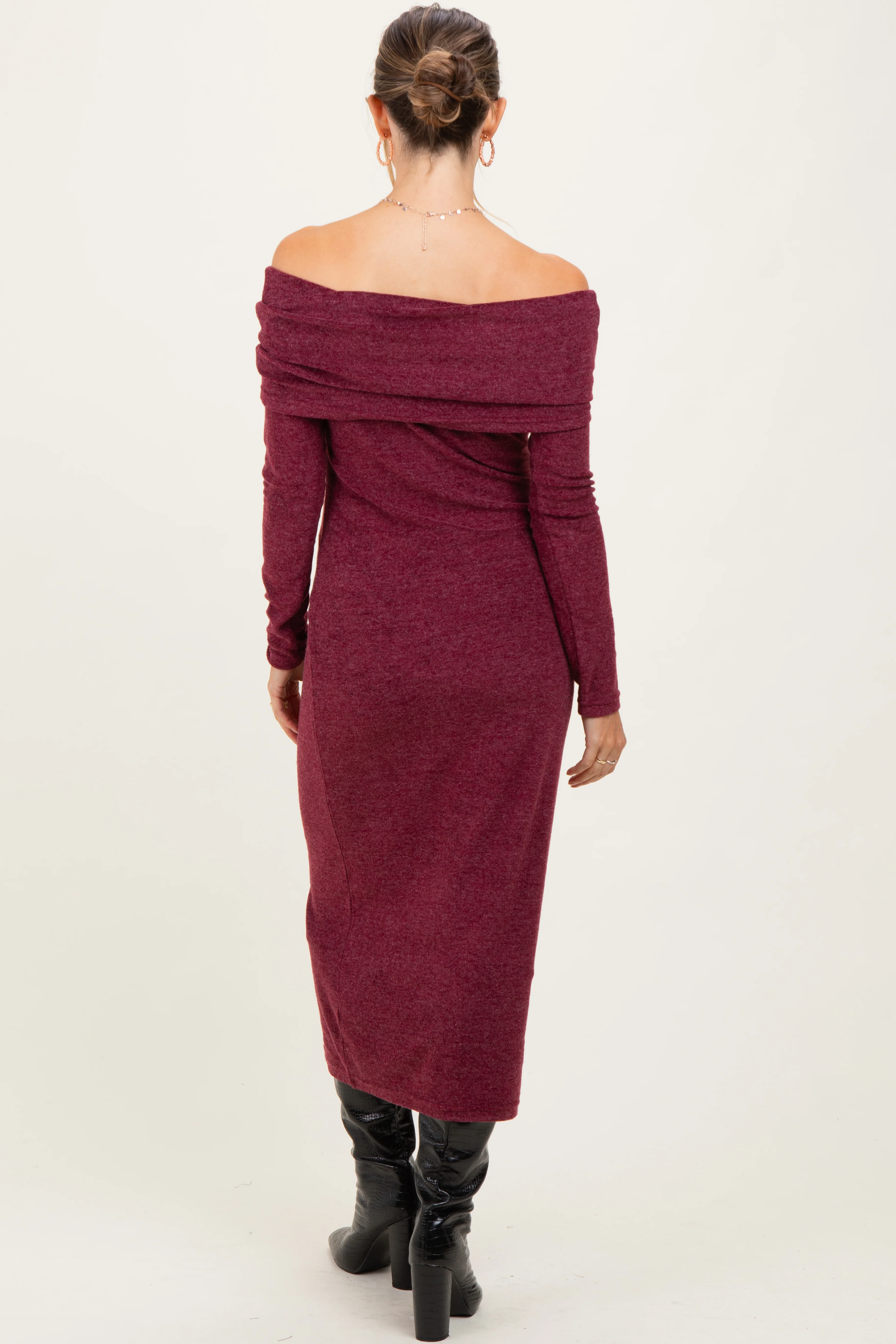 Burgundy Long Sleeve Off Shoulder Maternity Maxi Dress - Image 4