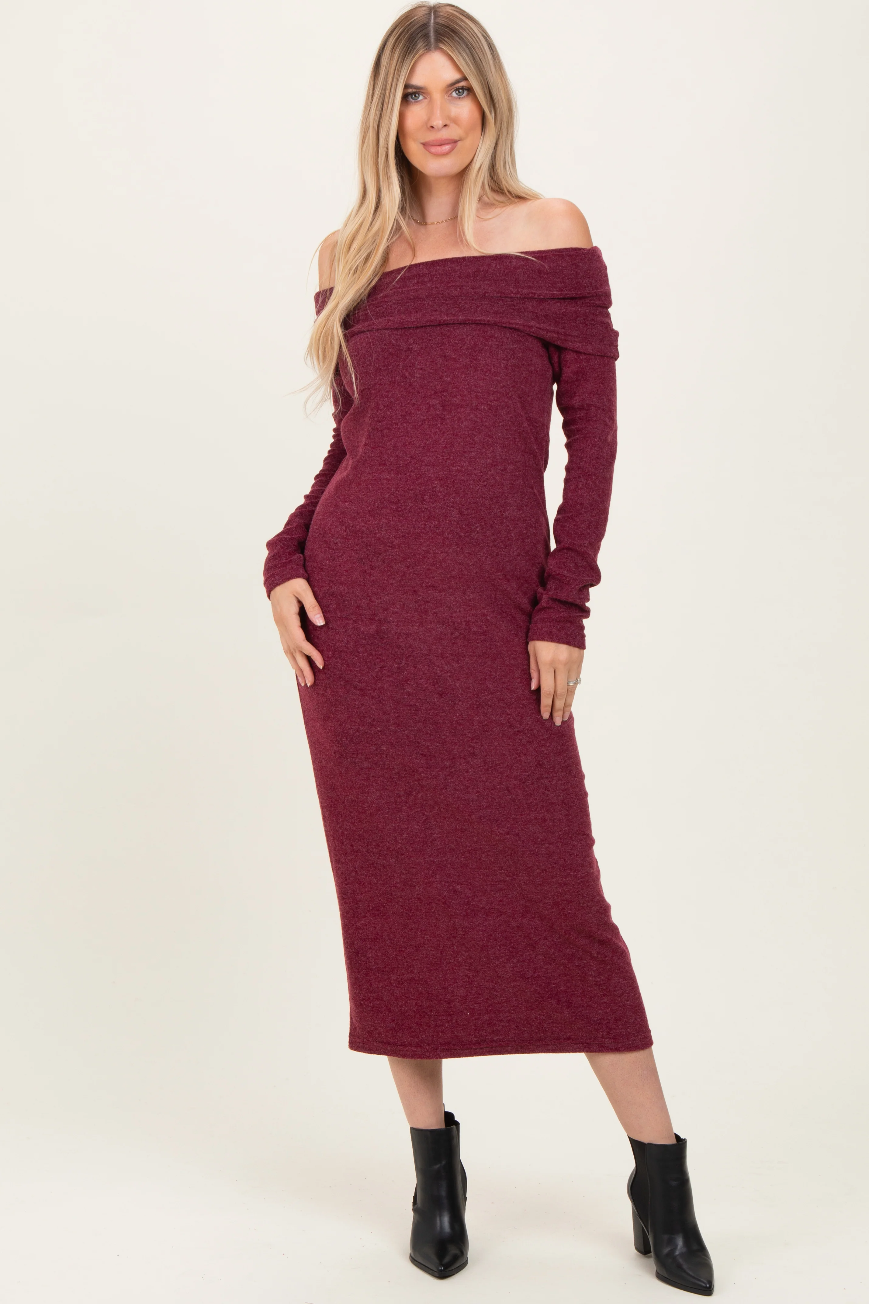 Burgundy Long Sleeve Off Shoulder Maternity Maxi Dress - Image 5