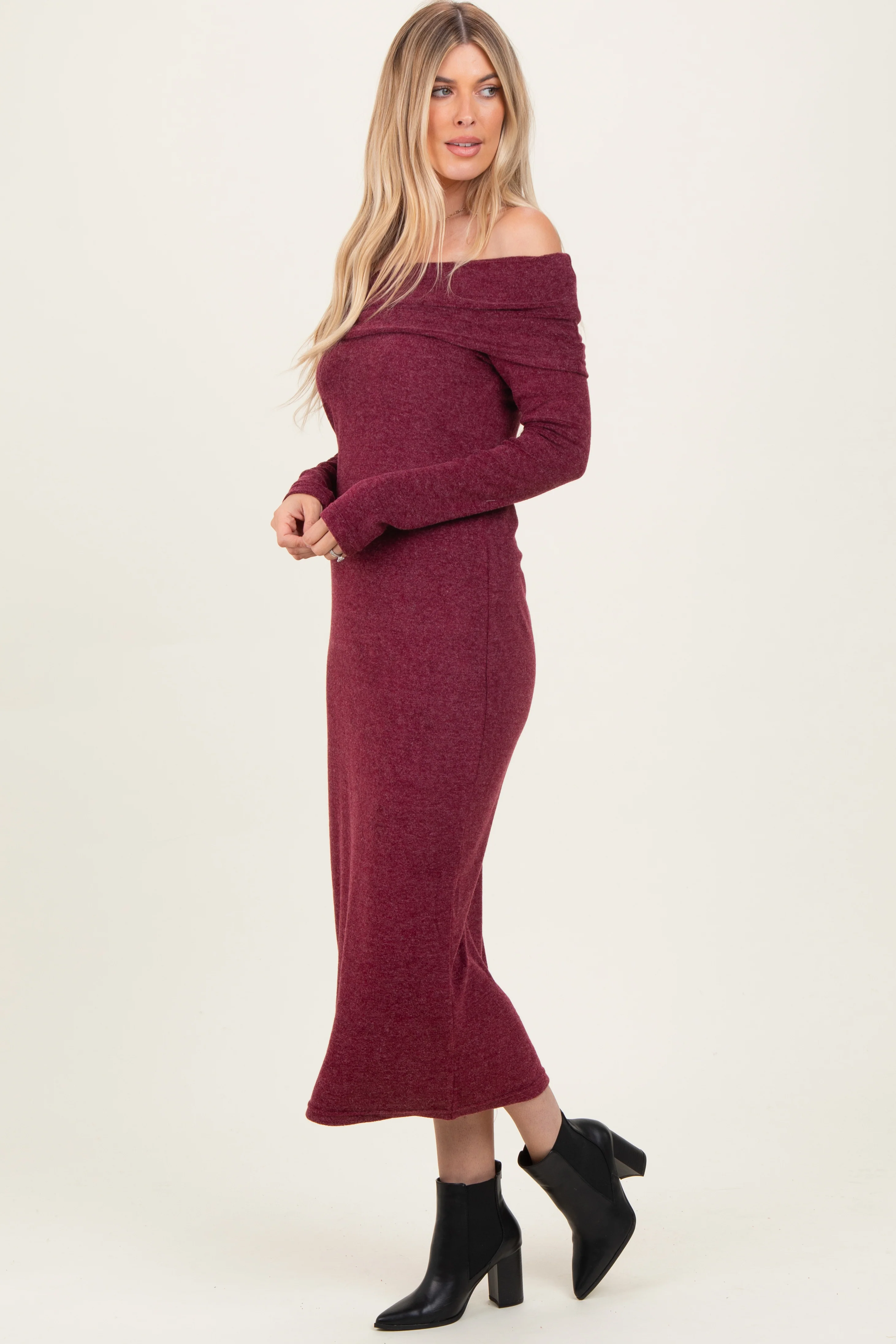 Burgundy Long Sleeve Off Shoulder Maxi Dress - Image 3