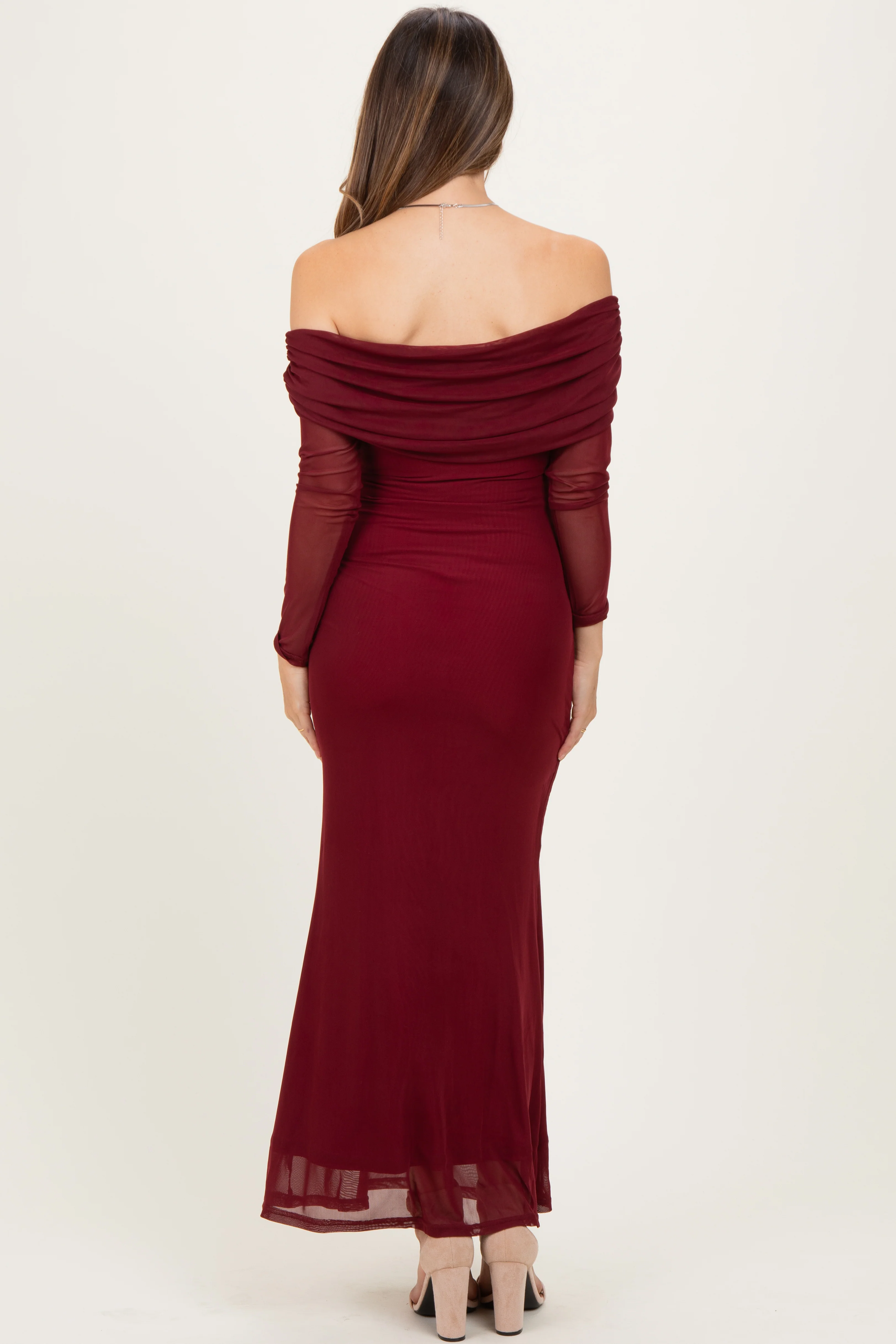 Burgundy Mesh Off Shoulder Long Sleeve Maternity Maxi Dress - Image 4