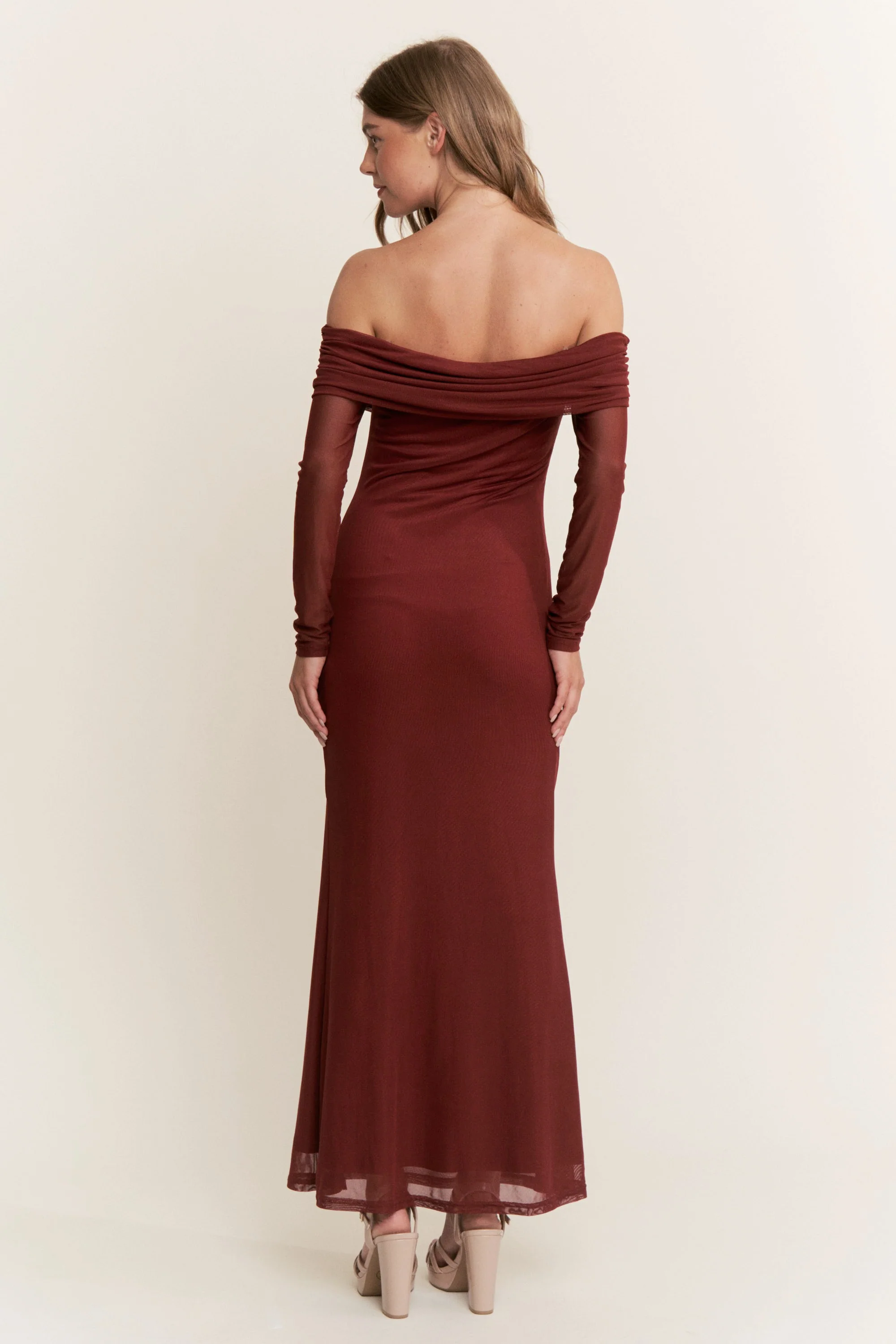 Burgundy Mesh Off Shoulder Long Sleeve Maxi Dress - Image 3