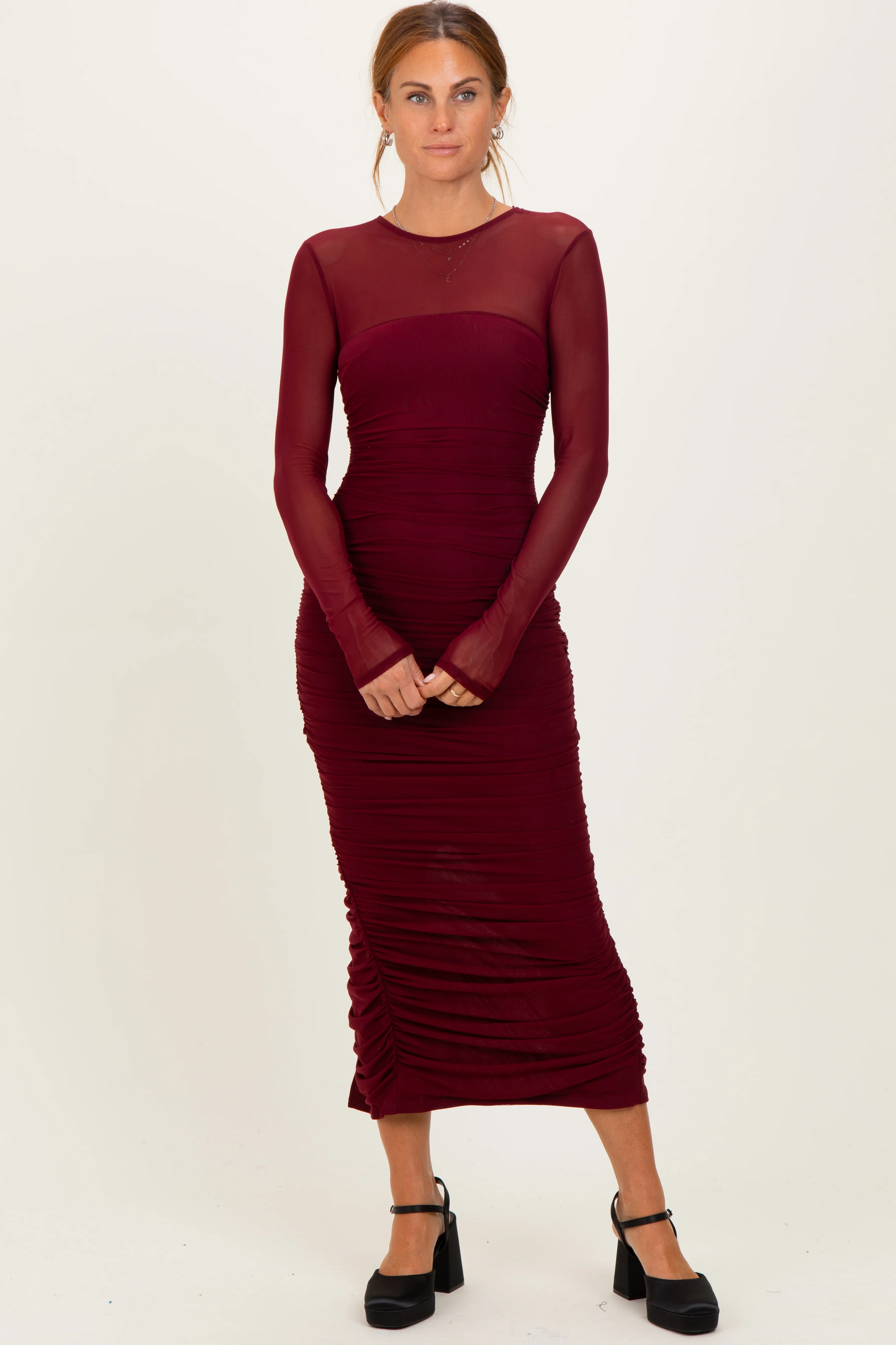 Burgundy Mesh Ruched Long Sleeve Maternity Midi Dress - Image 5