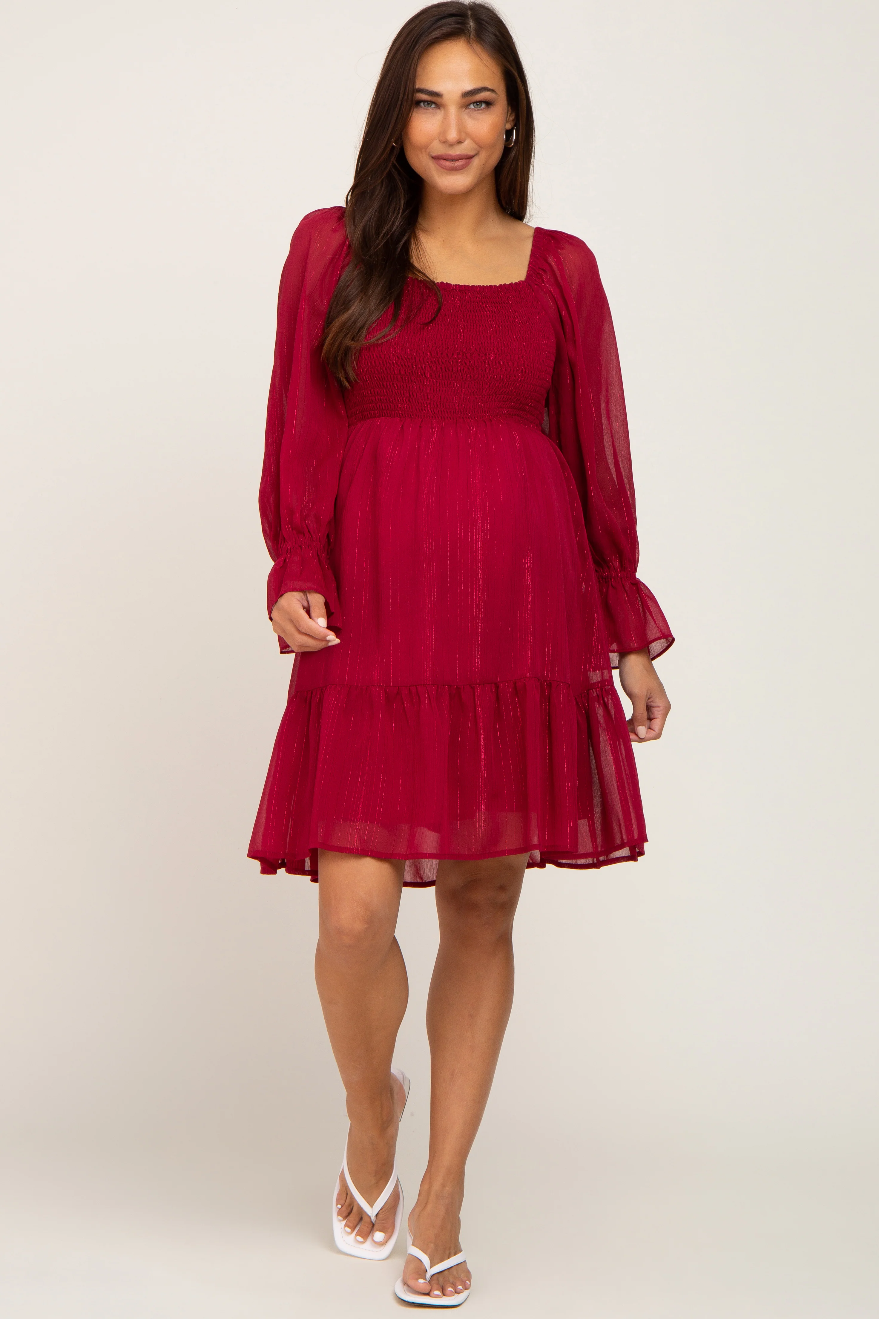 Burgundy Metallic Stripe Smocked Maternity Dress - Image 4
