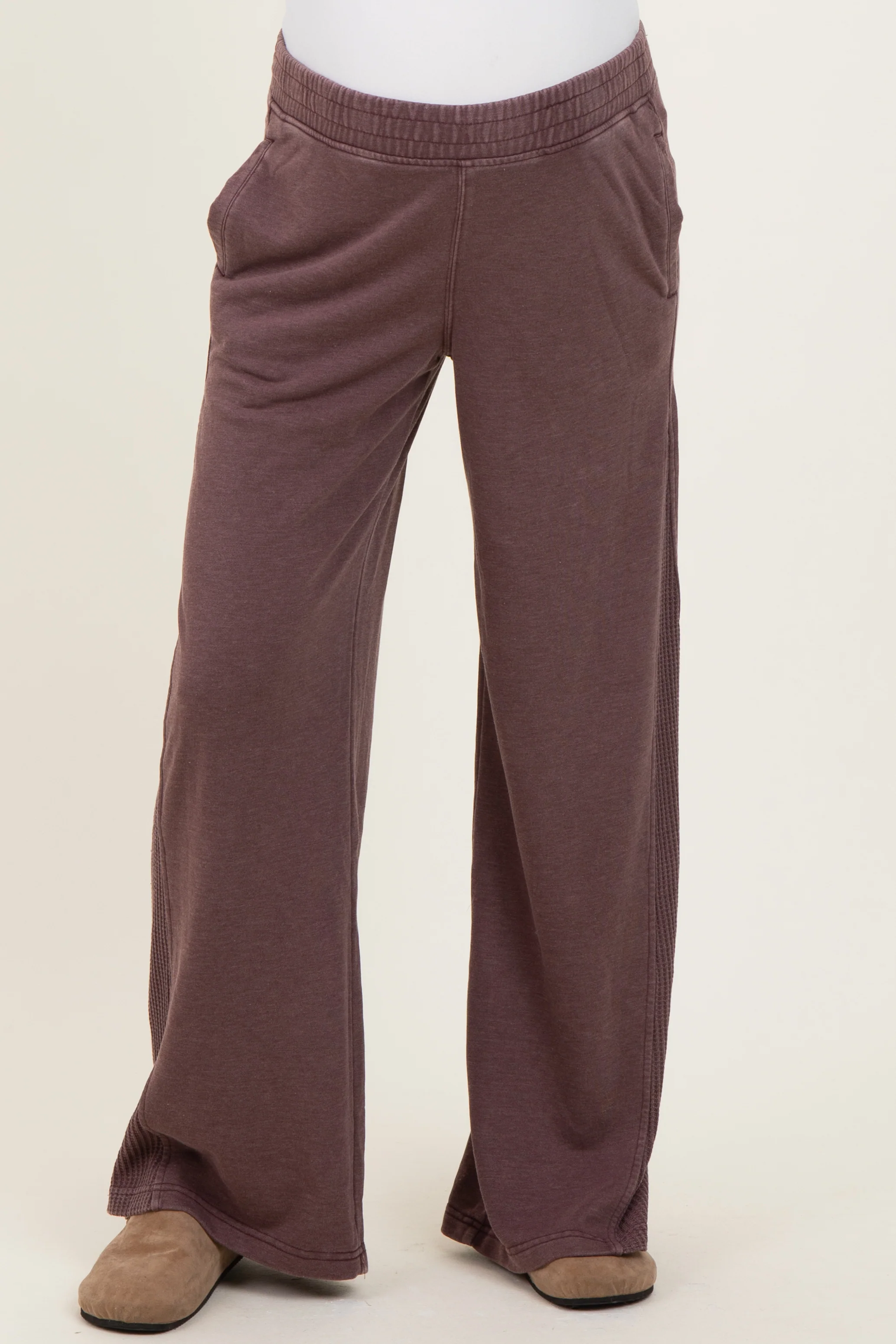 Burgundy Mineral Wash Waffle Knit Contrast Maternity Lounge Pants - Image 3