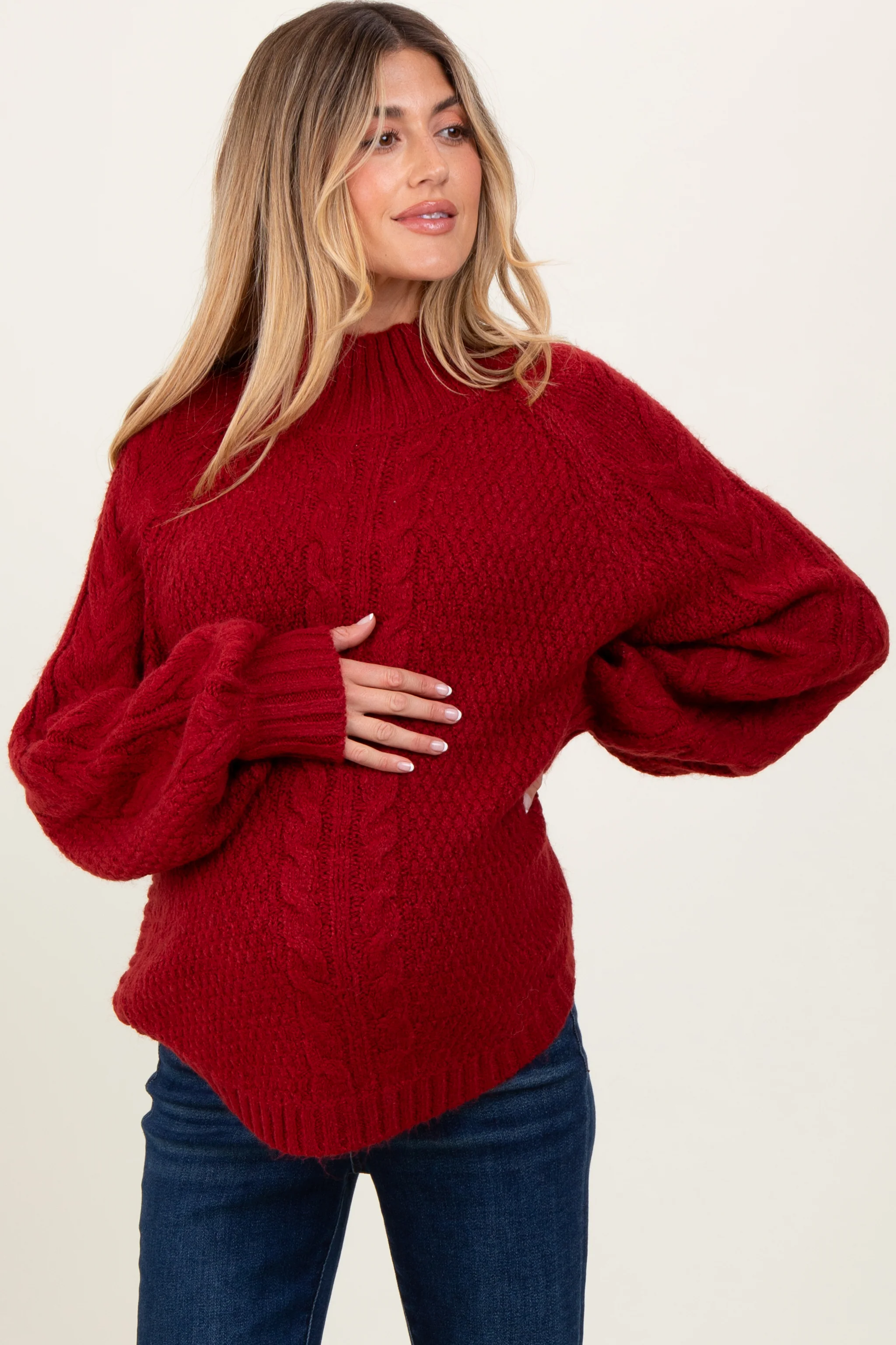 Burgundy Mixed Chunky Cable Knit Mock Neck Maternity Sweater - Image 2