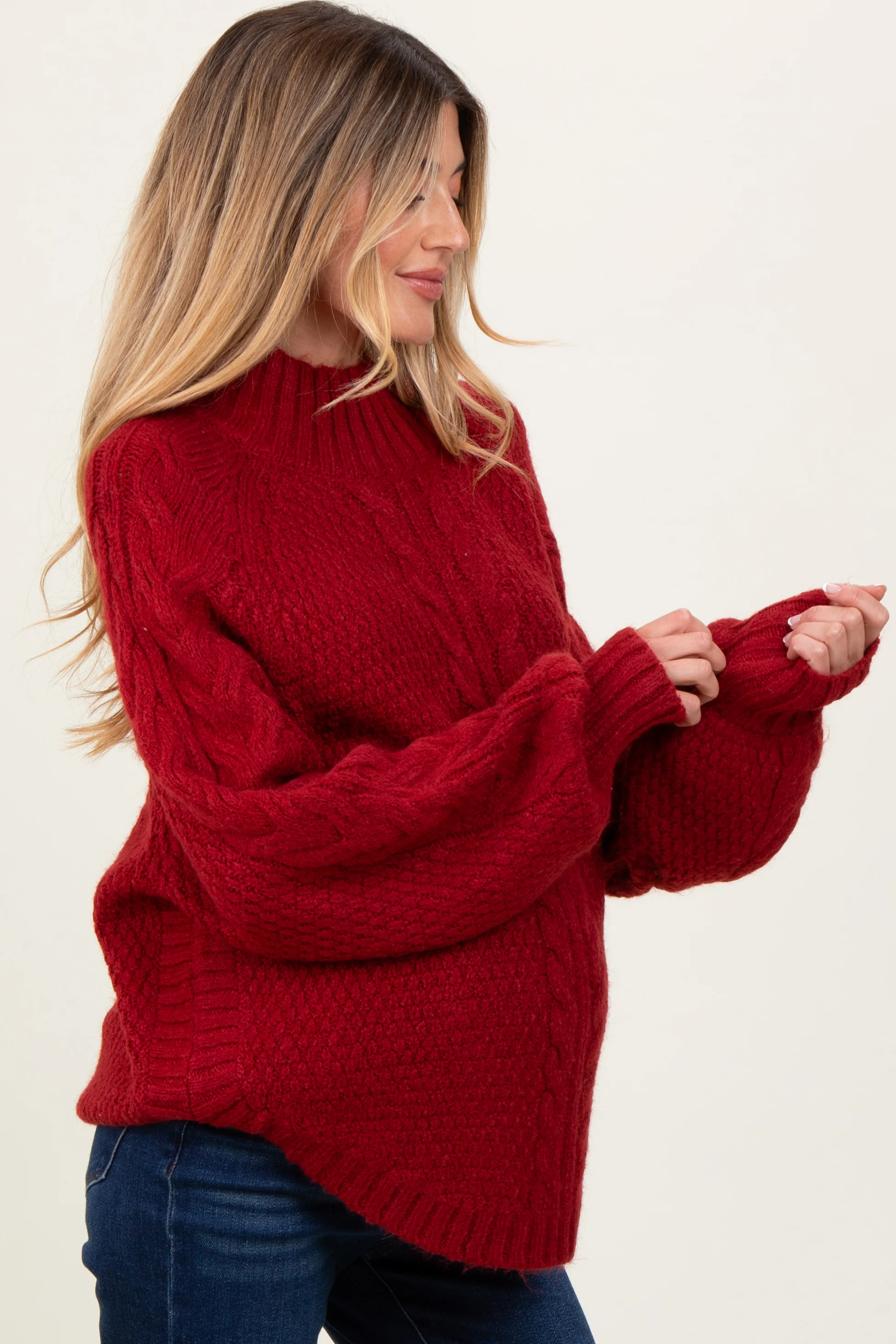 Burgundy Mixed Chunky Cable Knit Mock Neck Maternity Sweater - Image 3