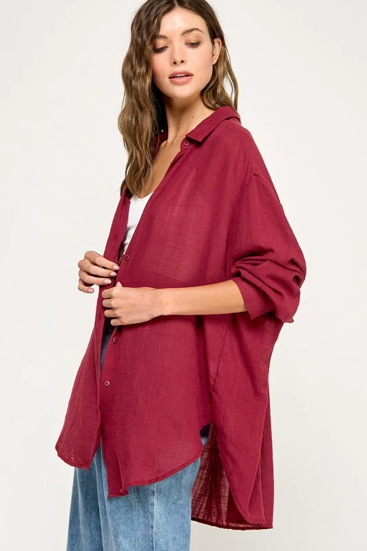 Burgundy Oversized Button Down Shirt - Image 3
