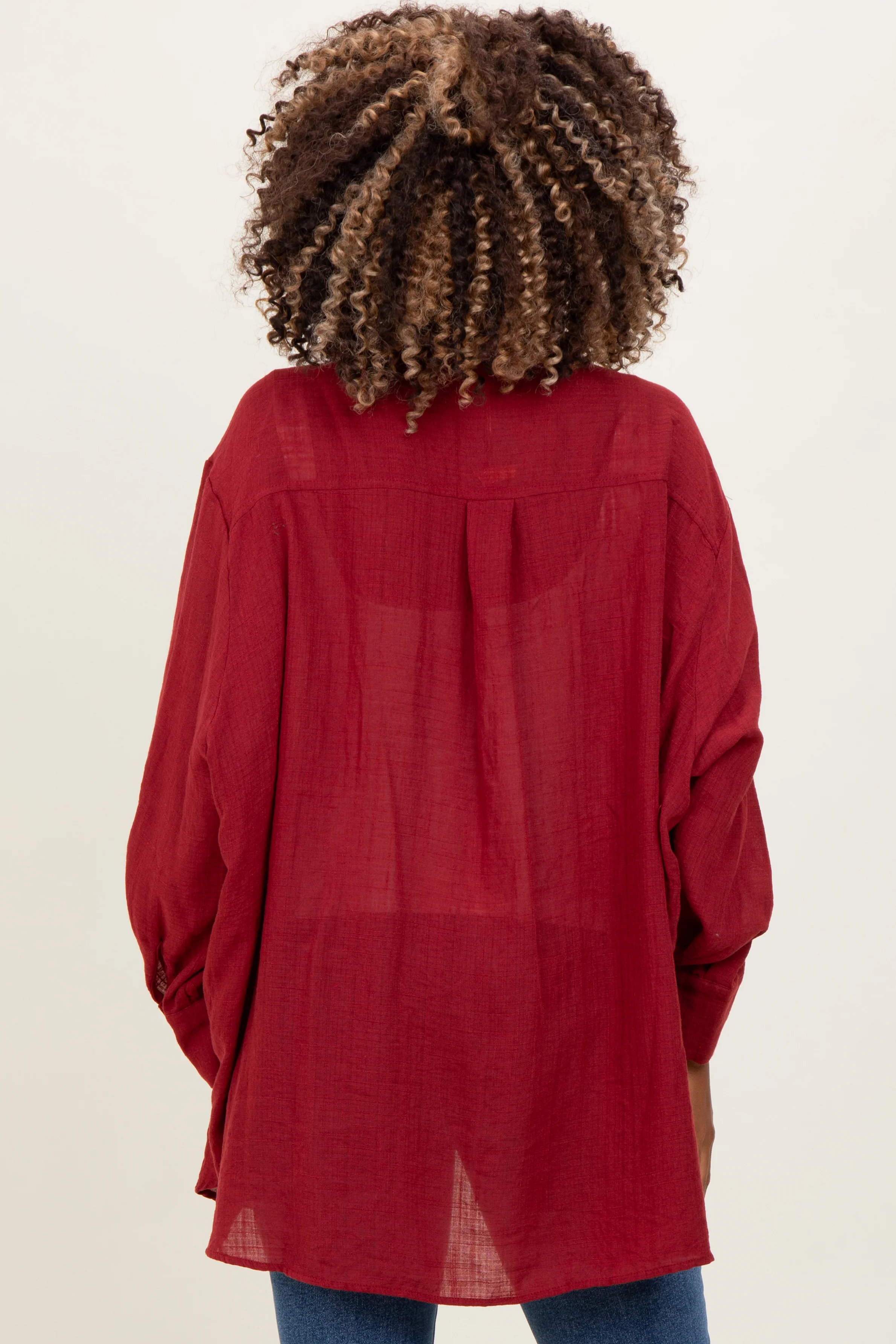 Burgundy Oversized Maternity Button Down Shirt - Image 3