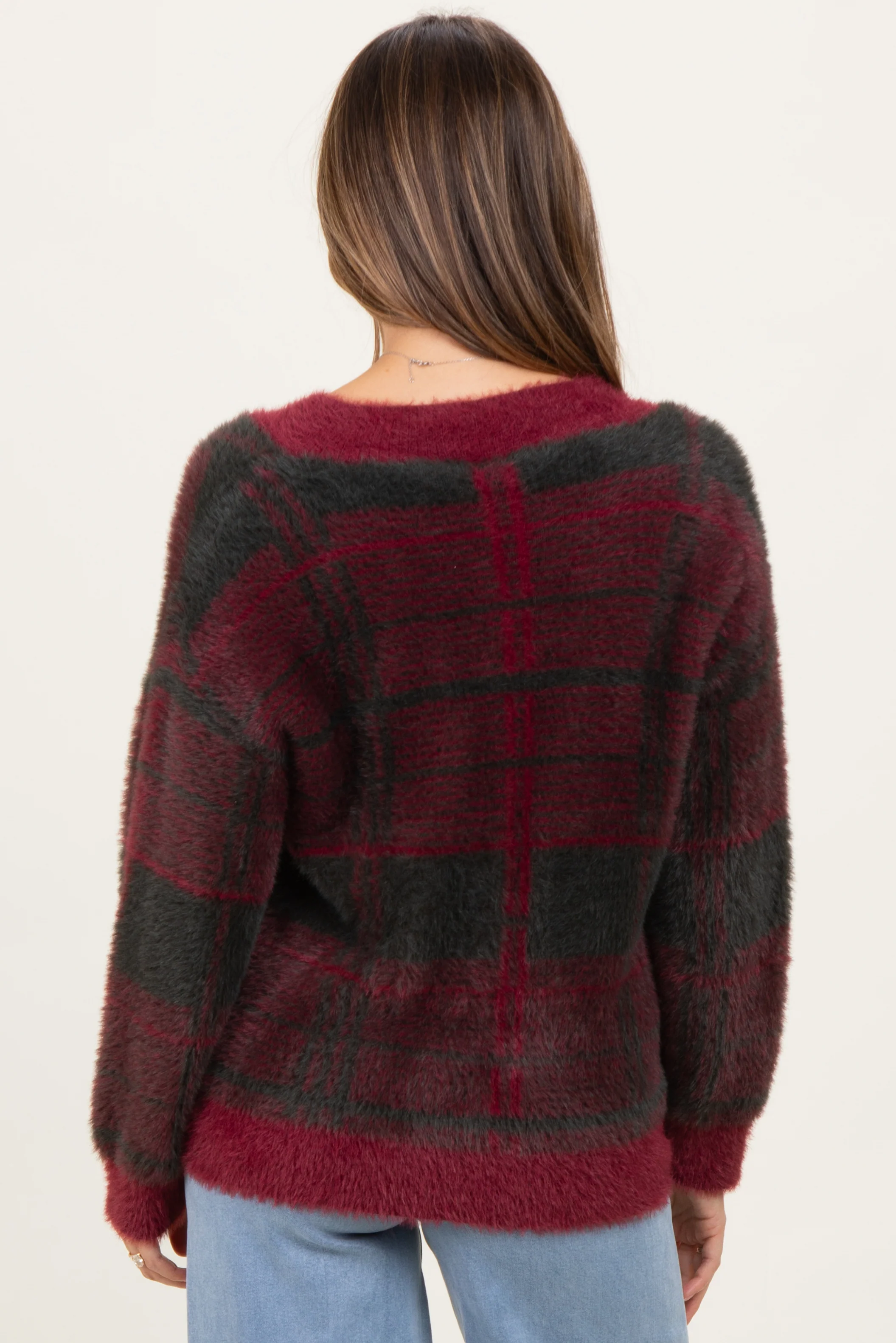 Burgundy Plaid Fuzzy Knit V-Neck Maternity Sweater - Image 6