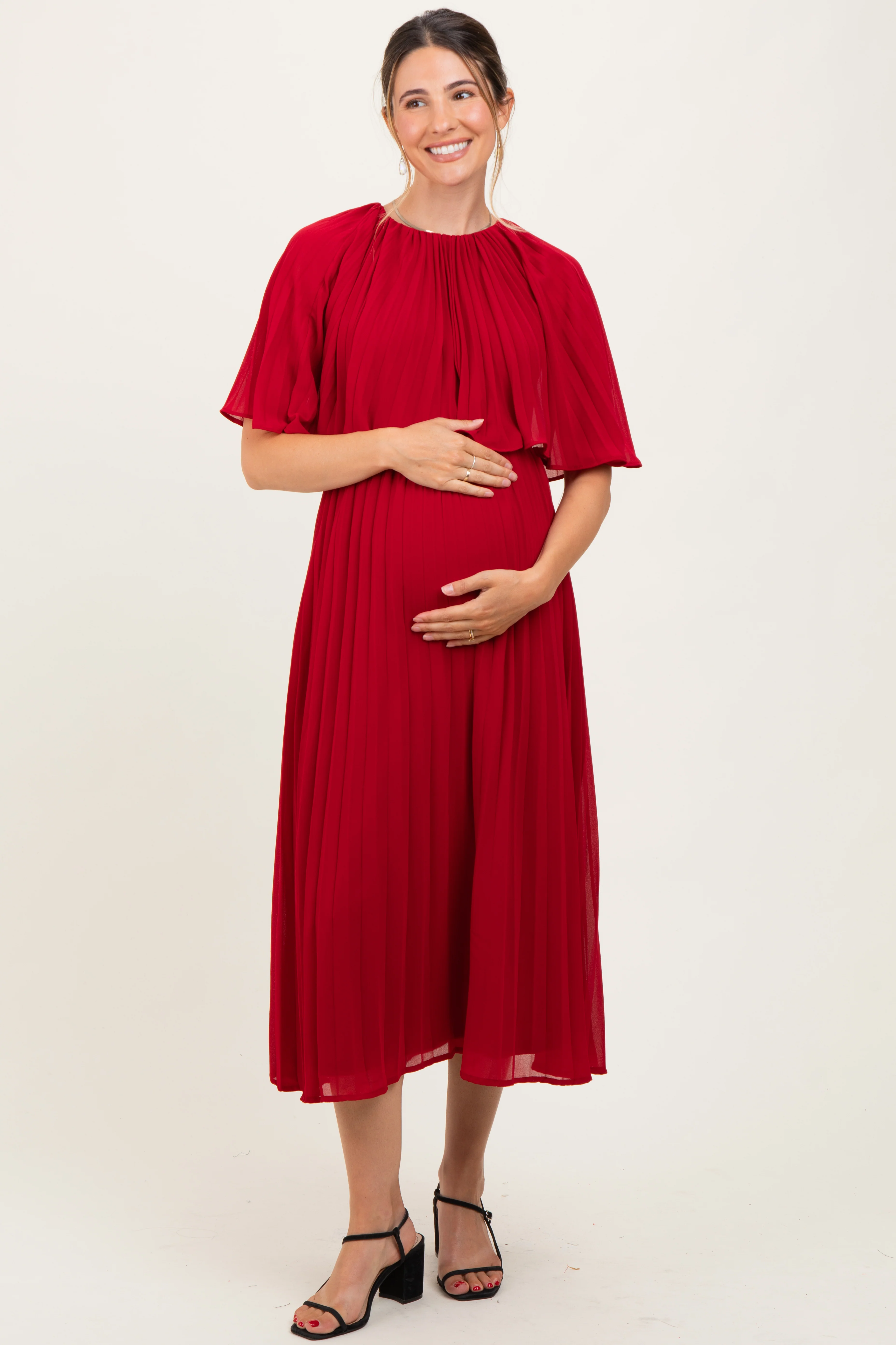 Burgundy Pleated Cape Maternity Midi Dress - Image 4