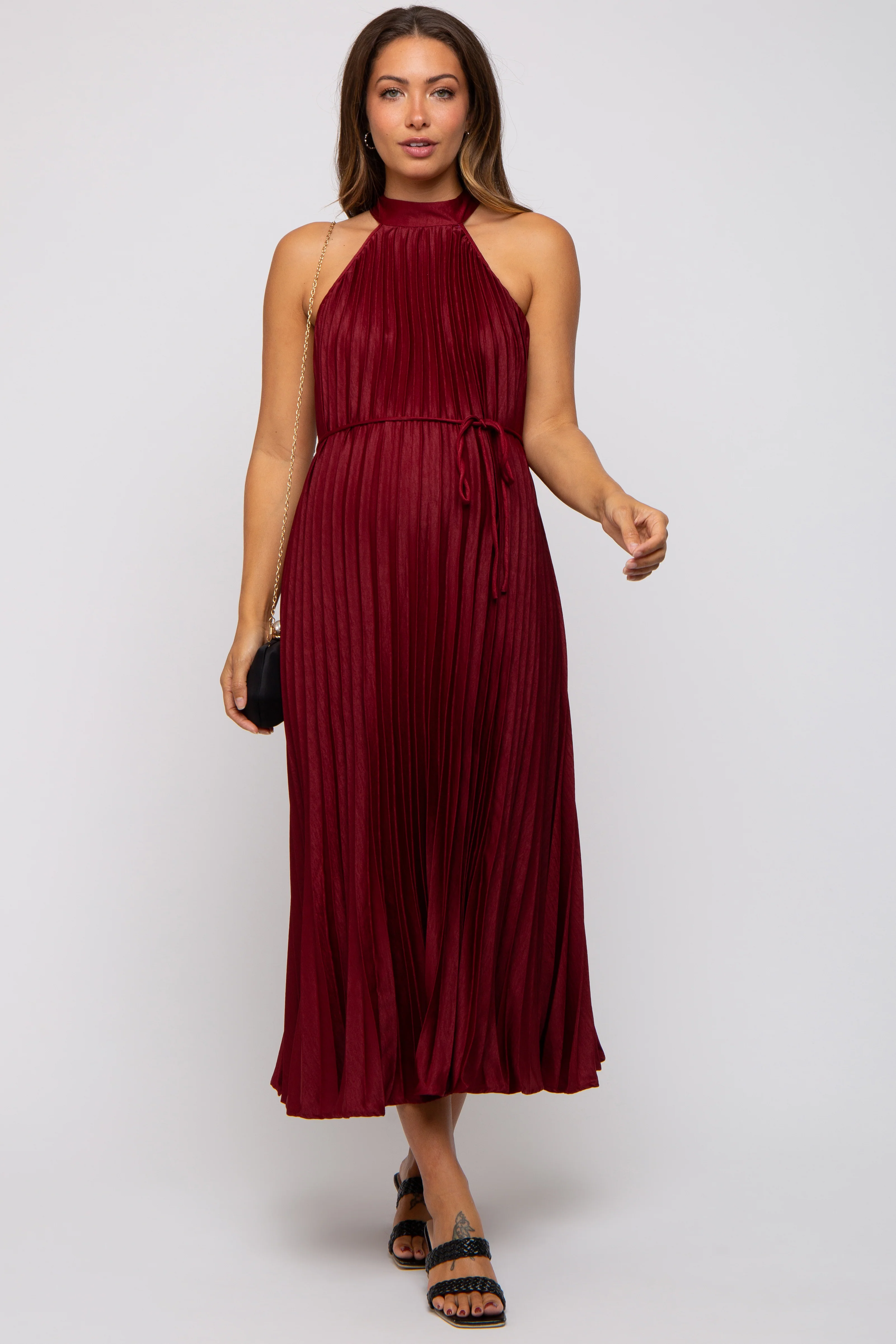 Burgundy Pleated Maternity Halter Dress - Image 4