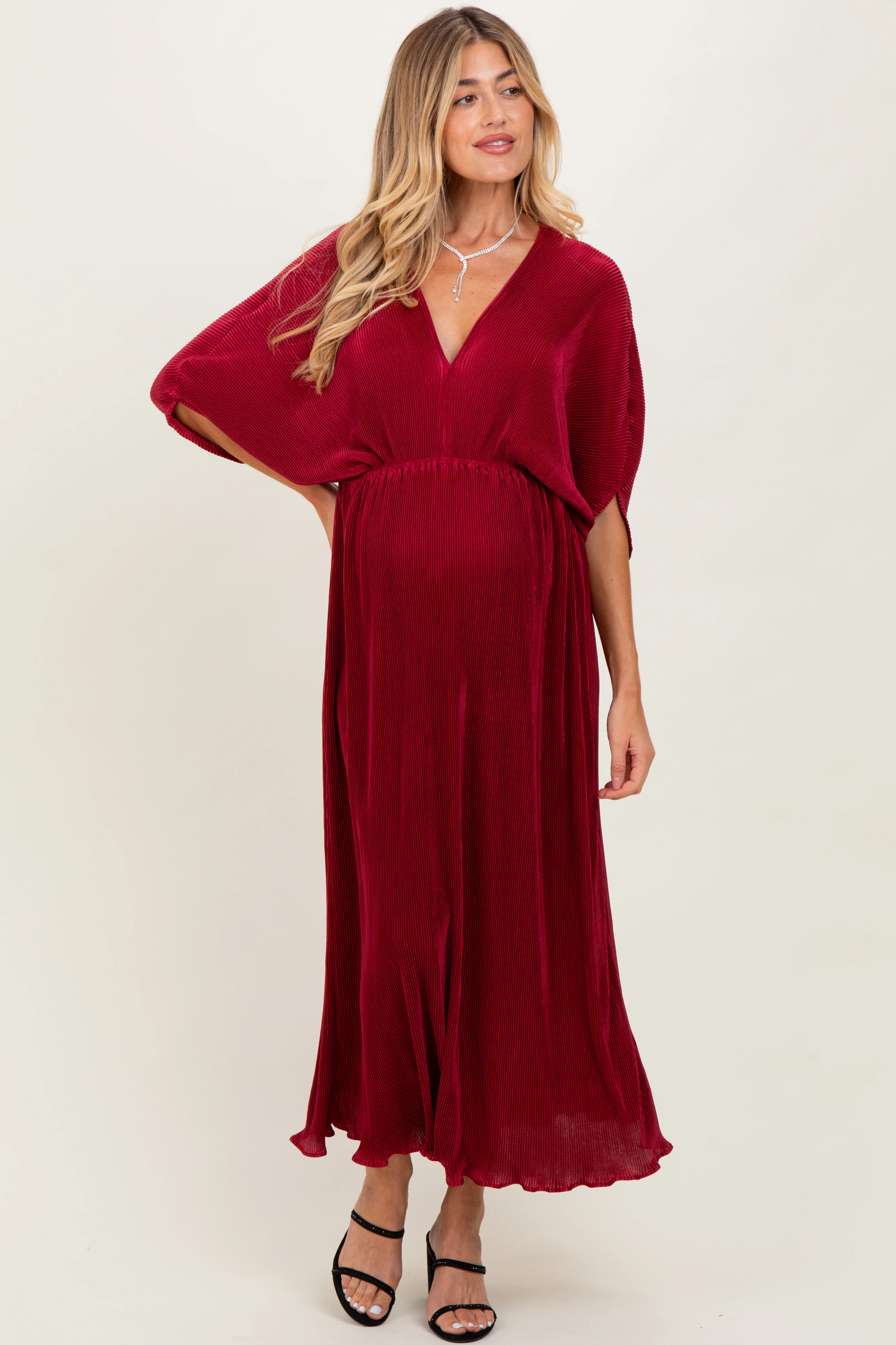 Burgundy Pleated Satin Dolman Sleeve Maternity Maxi Dress - Image 2