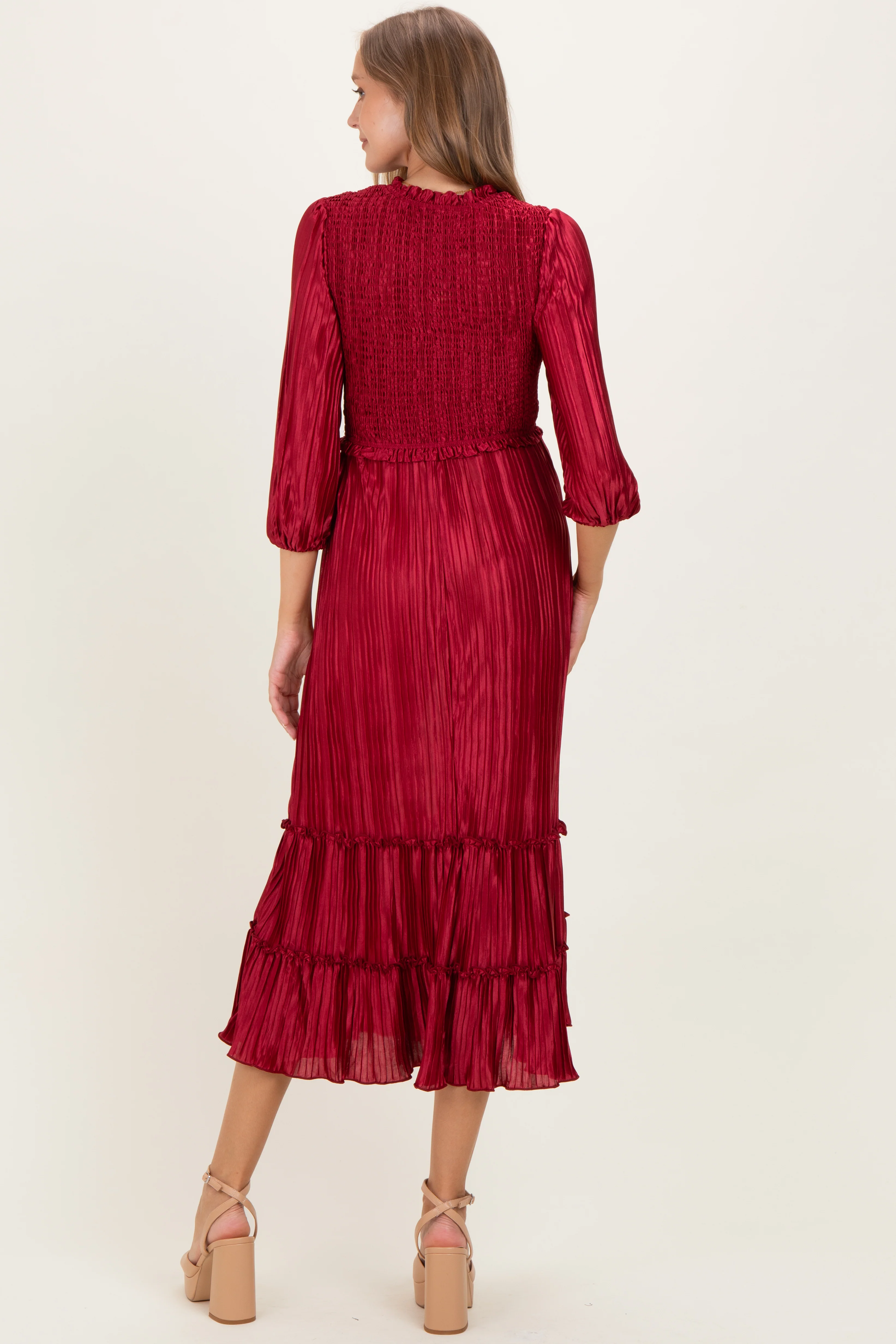 Burgundy Pleated Satin Smocked Bodice Maternity Midi Dress - Image 4