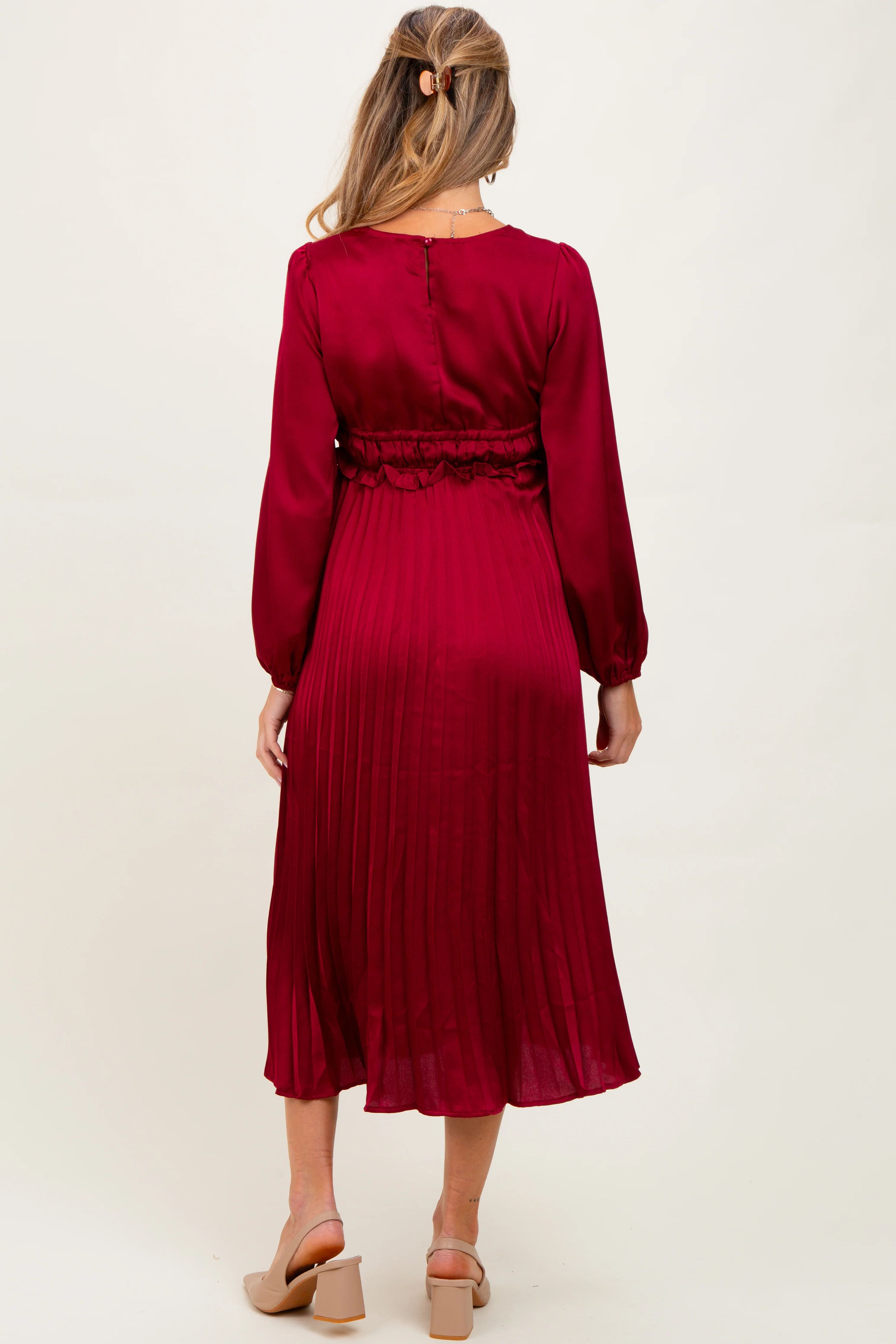 Burgundy Pleated Satin Smocked Waist Maternity Midi Dress - Image 4