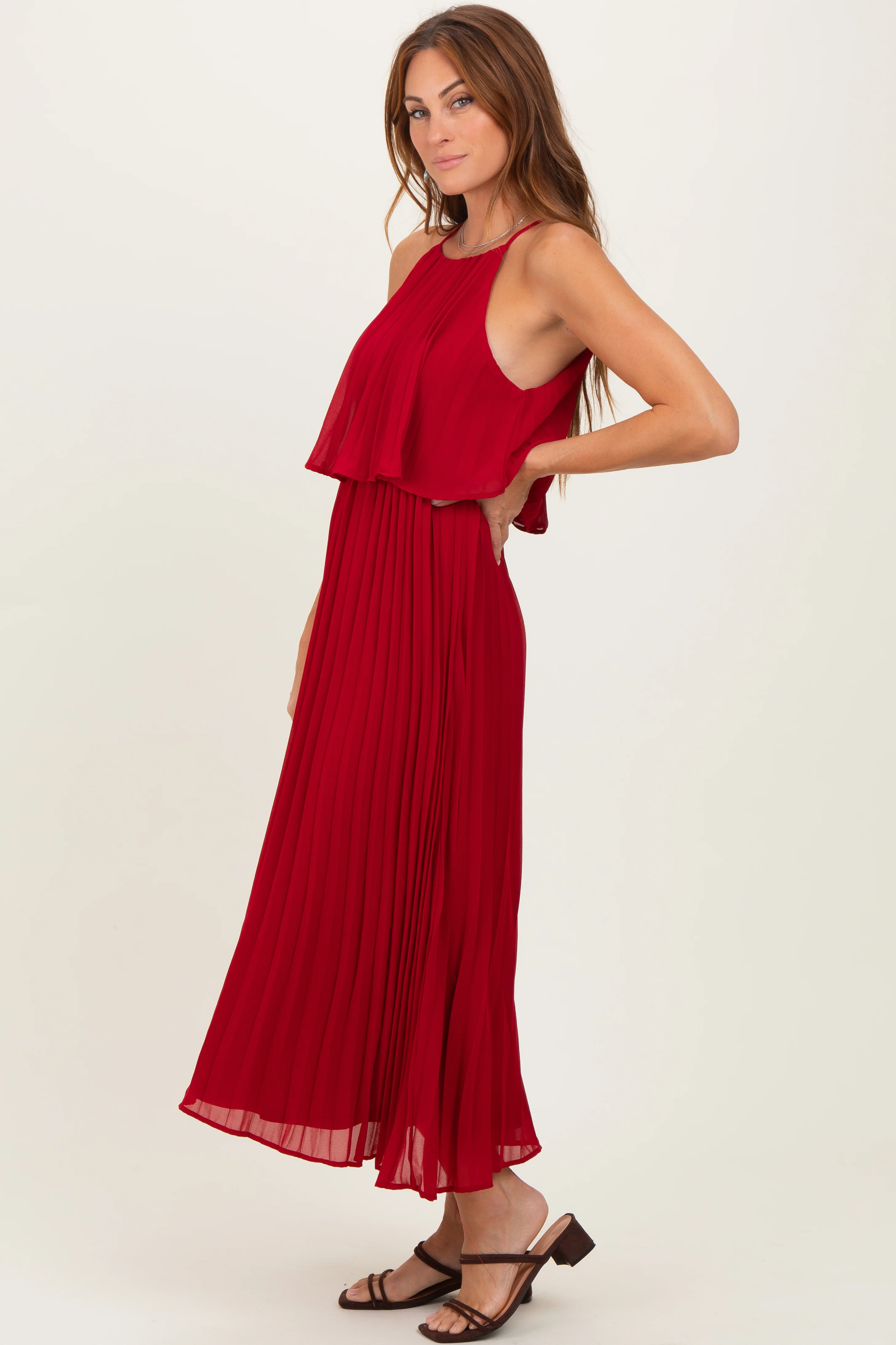 Burgundy Pleated Woven Midi Dress - Image 3