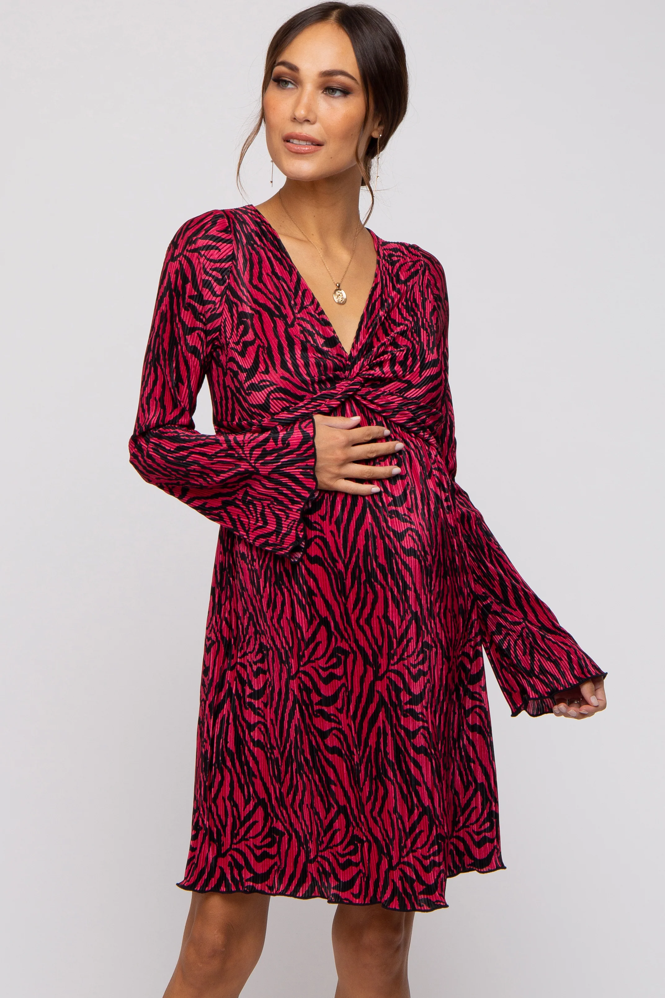 Burgundy Printed Plisse Maternity Dress - Image 3