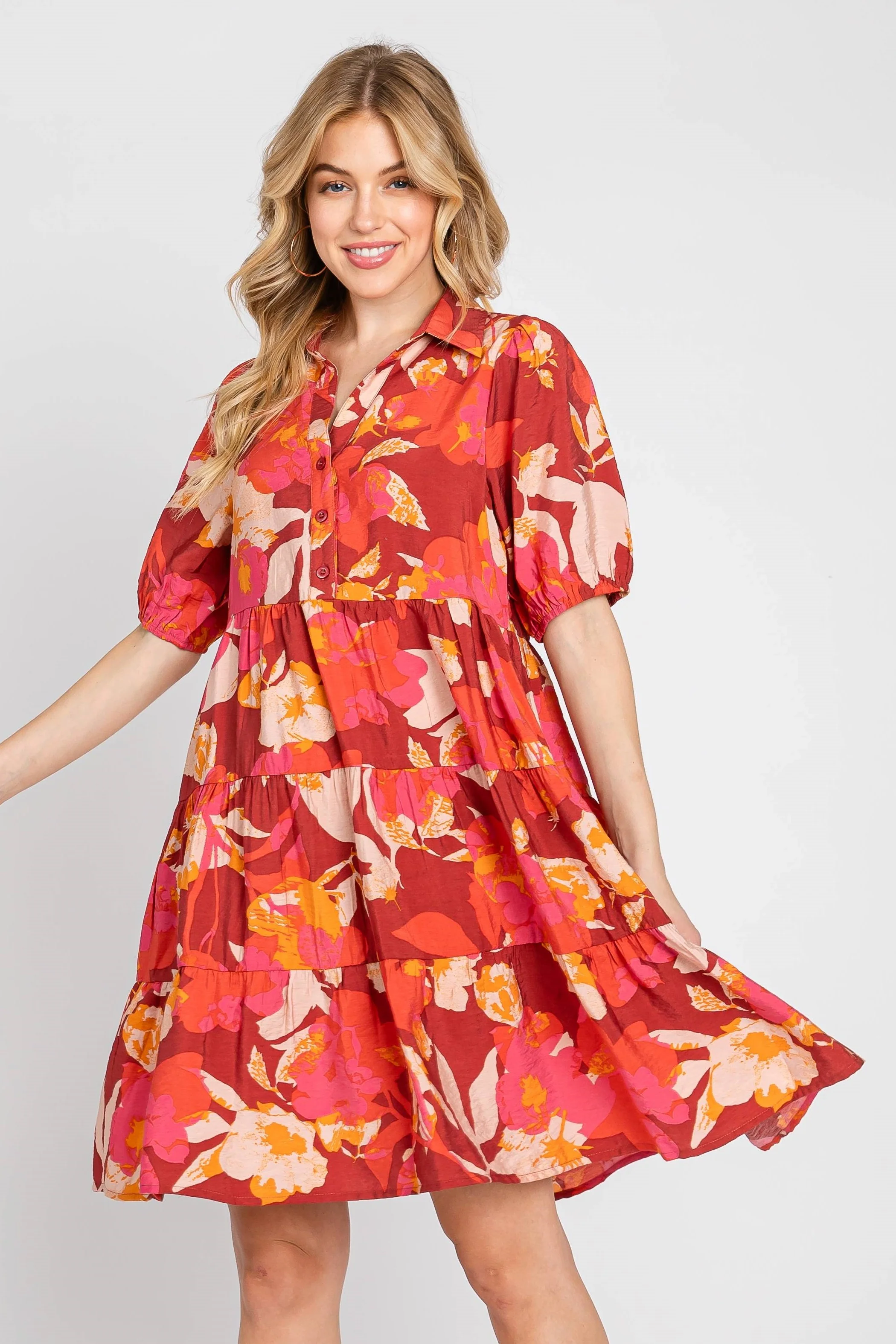 Burgundy Printed Puff Sleeve Maternity Tiered Dress - Image 5