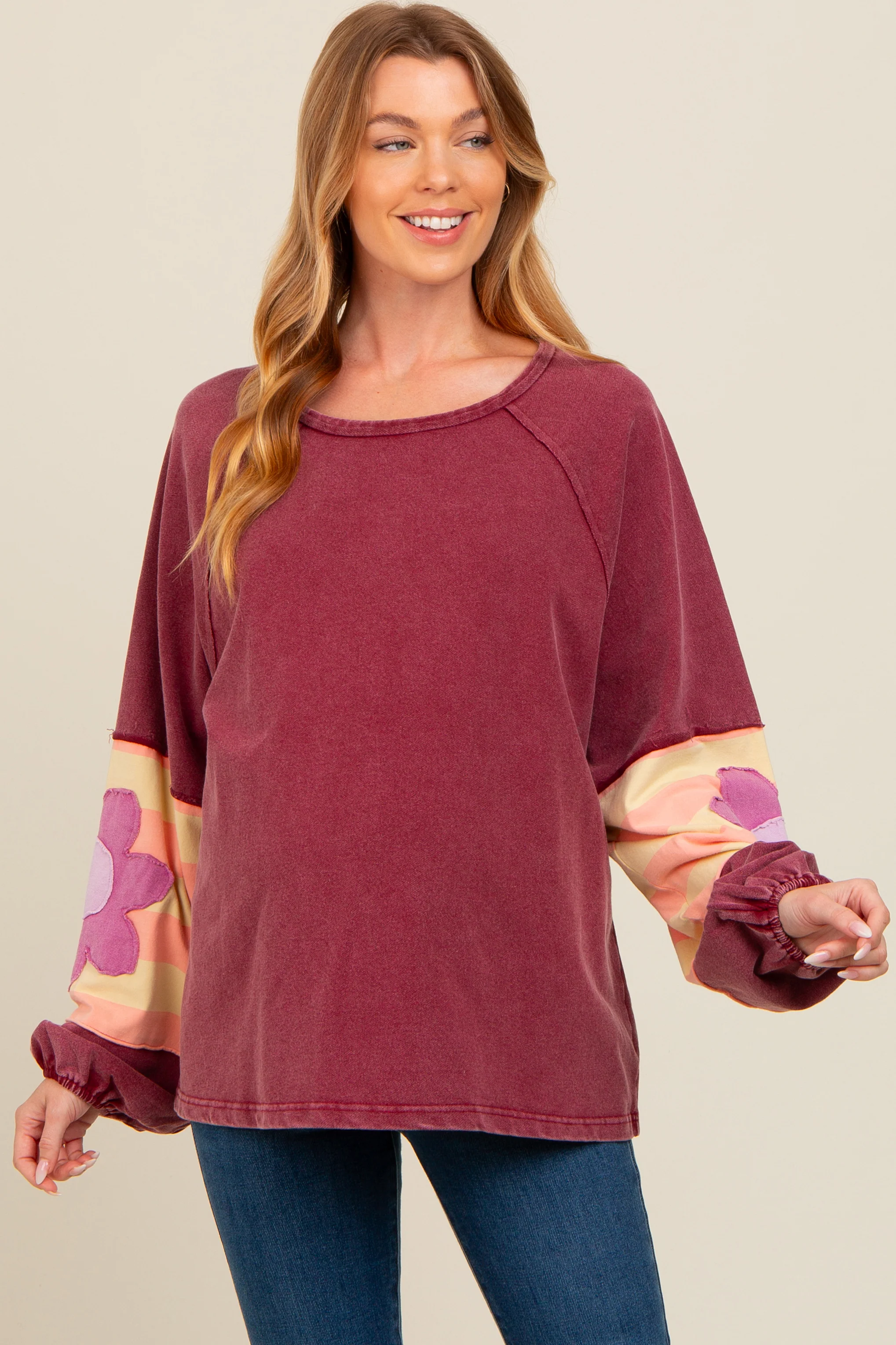 Burgundy Raw Edge Flower Patch Maternity Top - Image 3