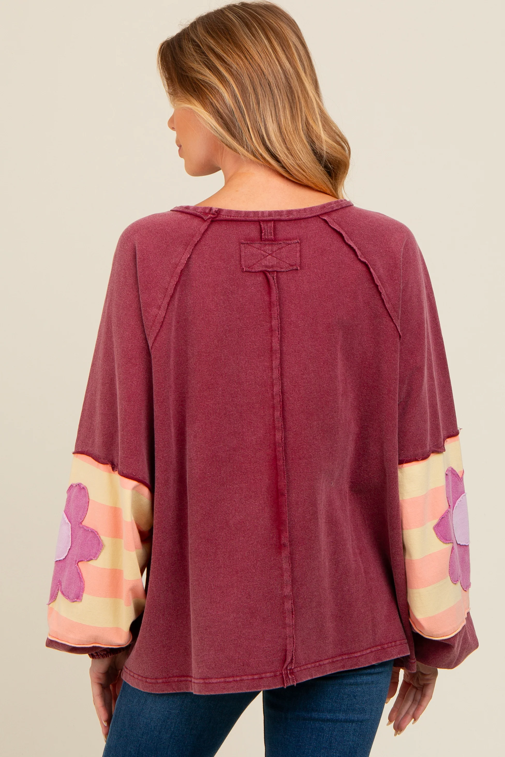 Burgundy Raw Edge Flower Patch Maternity Top - Image 4