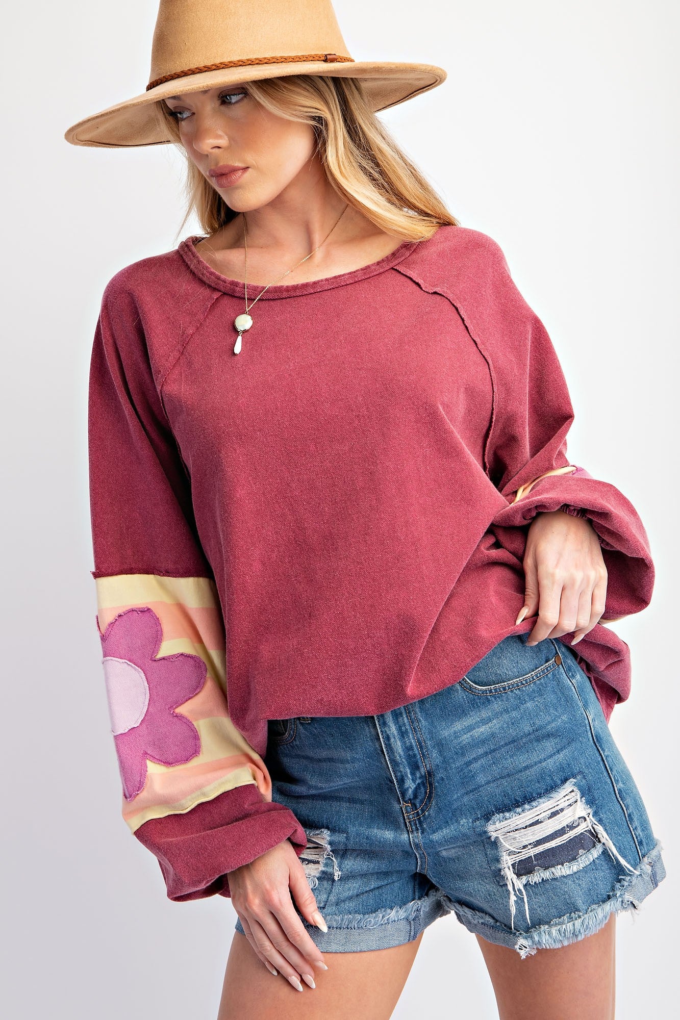 Burgundy Raw Edge Flower Patch Maternity Top - Image 5