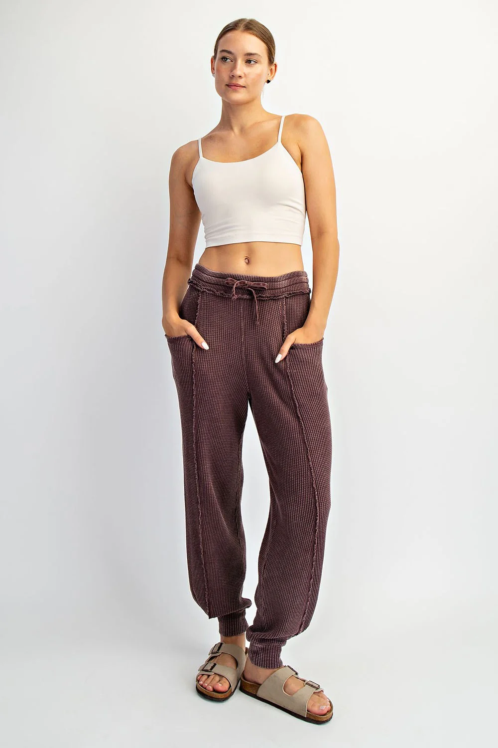 Burgundy Raw Seam Waffle Knit Maternity Joggers - Image 5