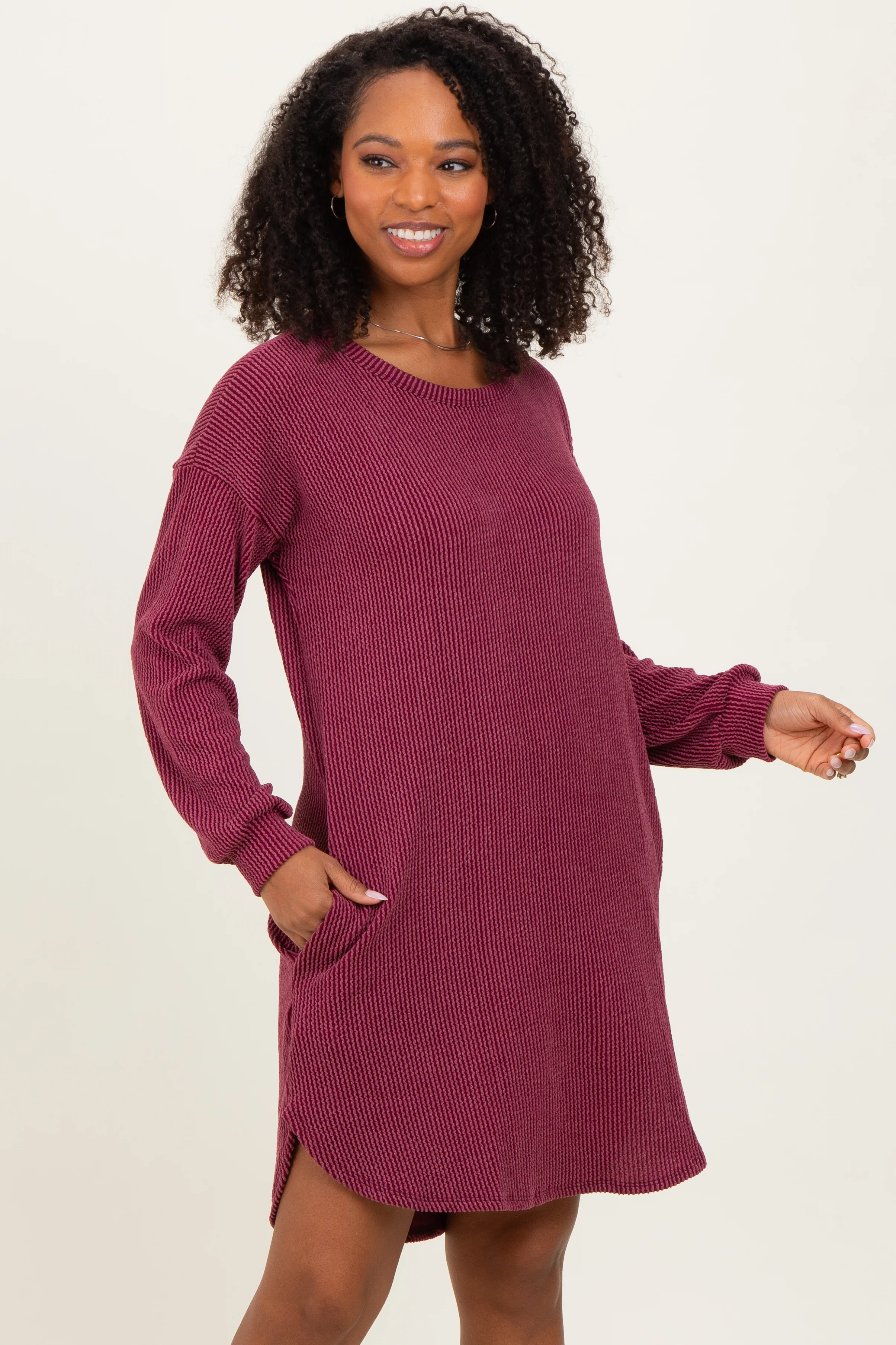 Burgundy Rib Knit Long Sleeve Dress - Image 2