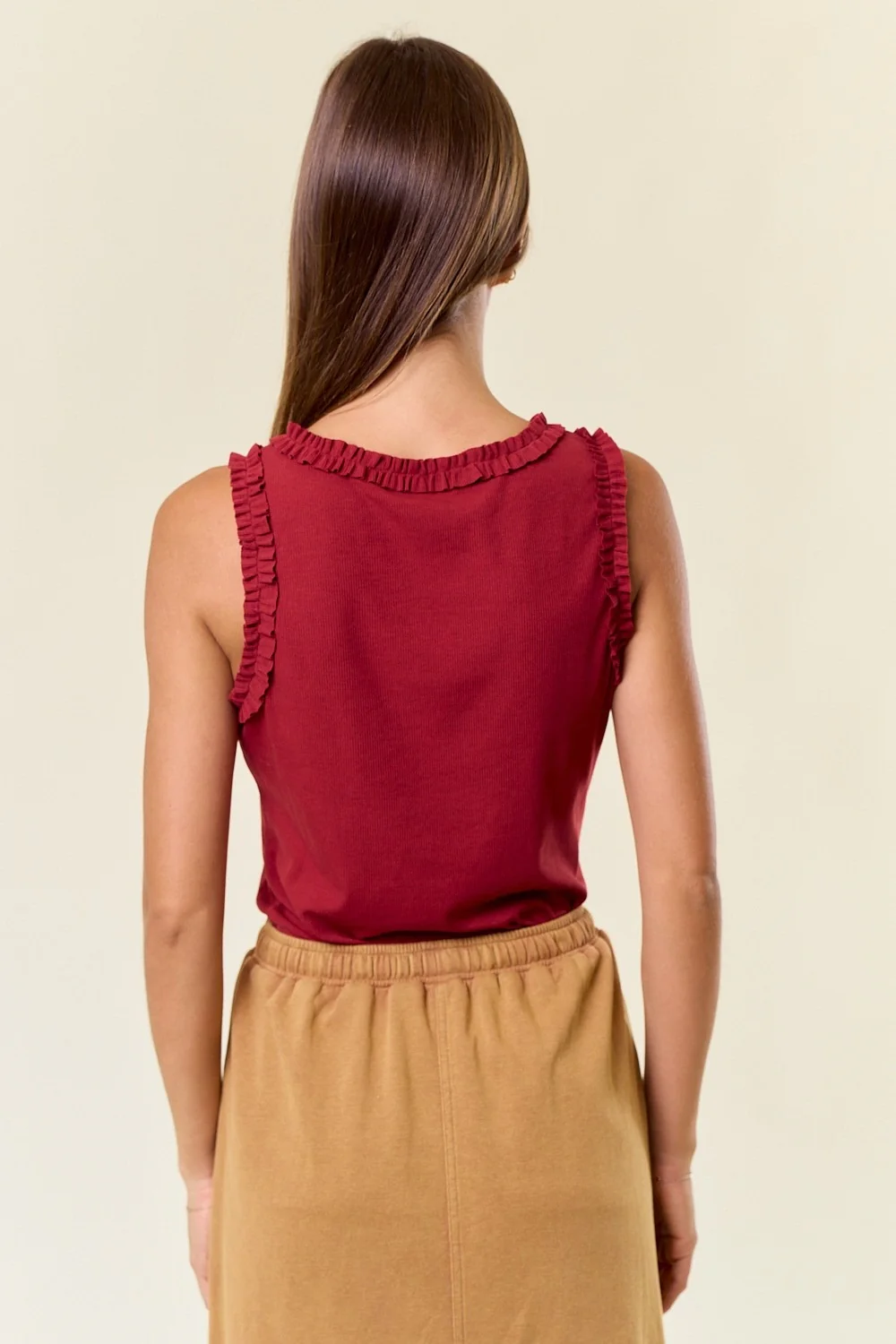 Burgundy Rib Knit Ruffle Trim Sleeveless Top - Image 3
