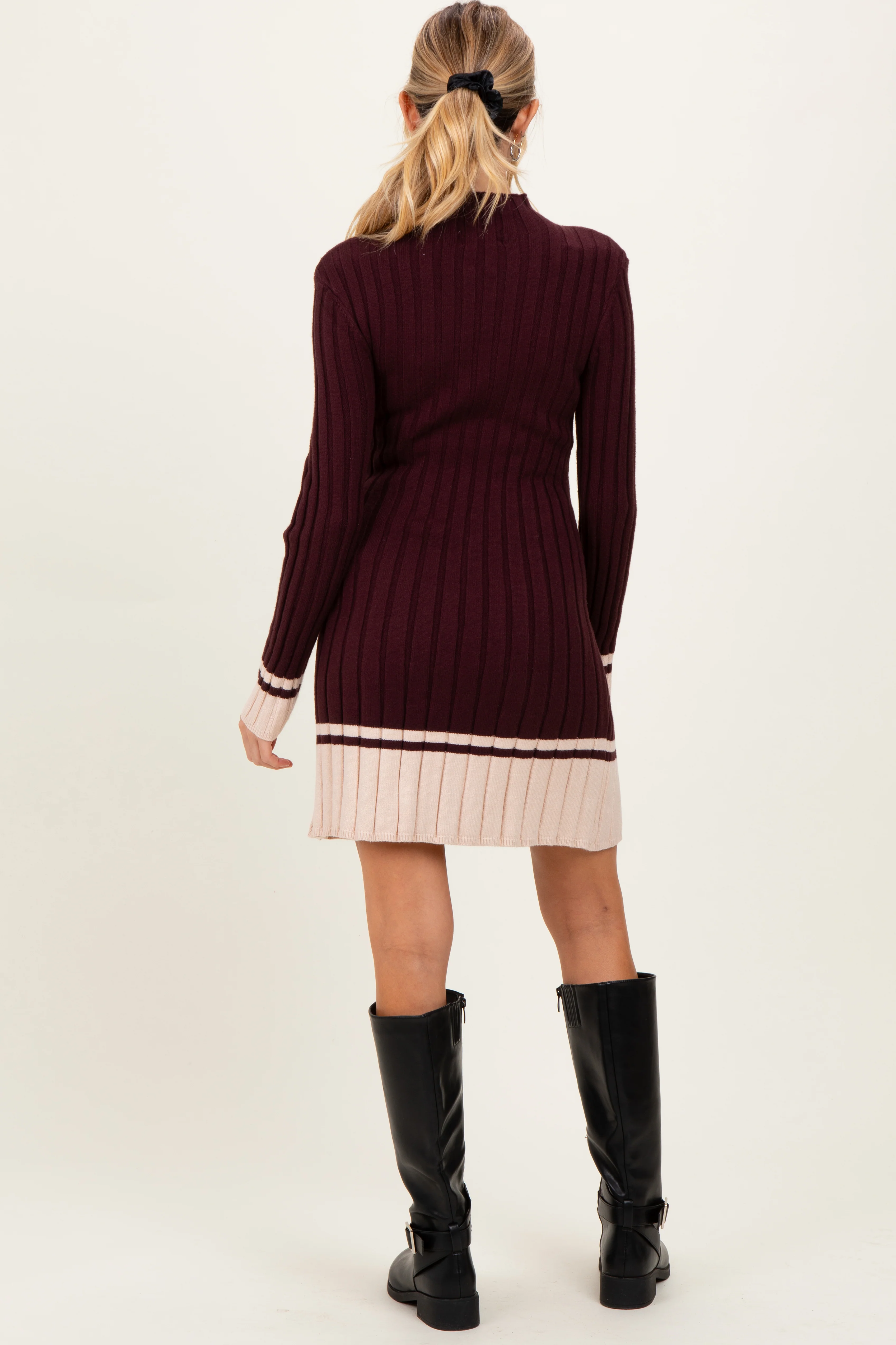 Burgundy Ribbed Contrast Hem Maternity Sweater Dress - Image 4