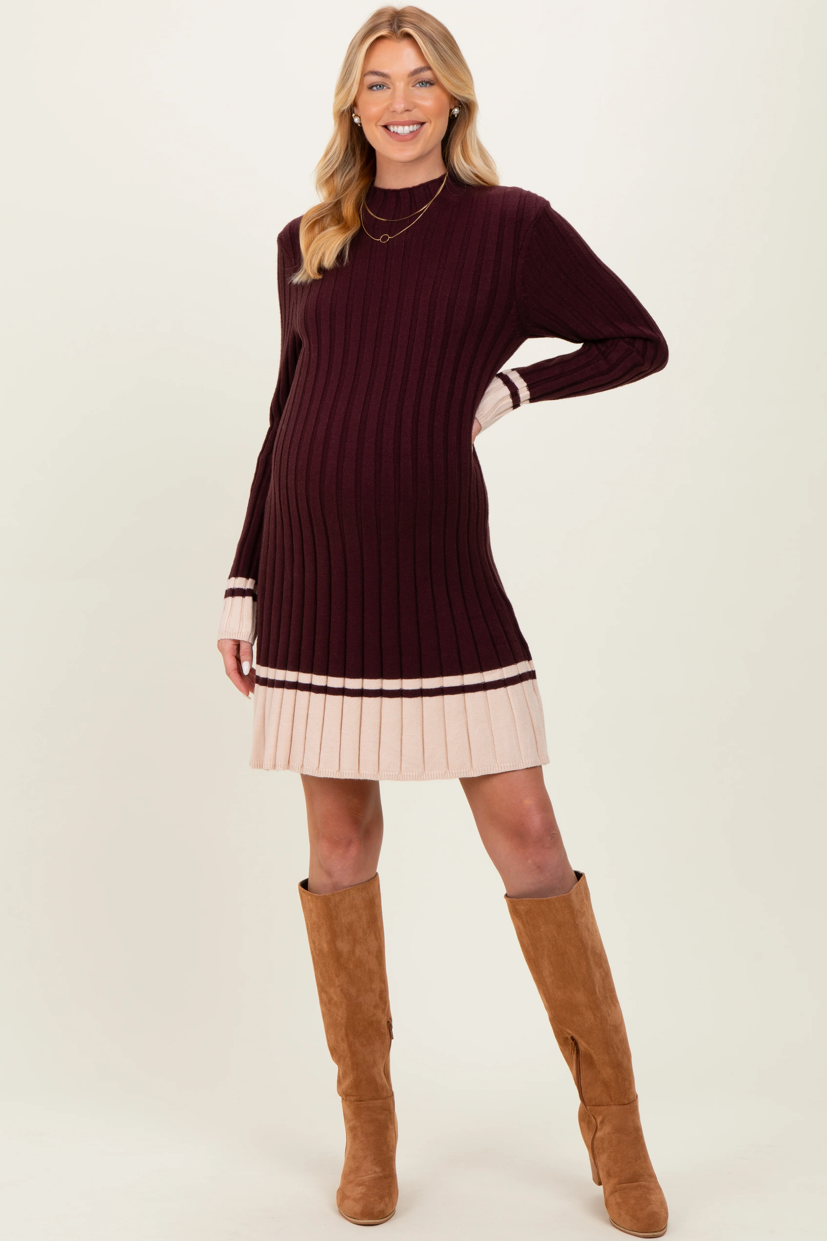 Burgundy Ribbed Contrast Hem Maternity Sweater Dress - Image 5
