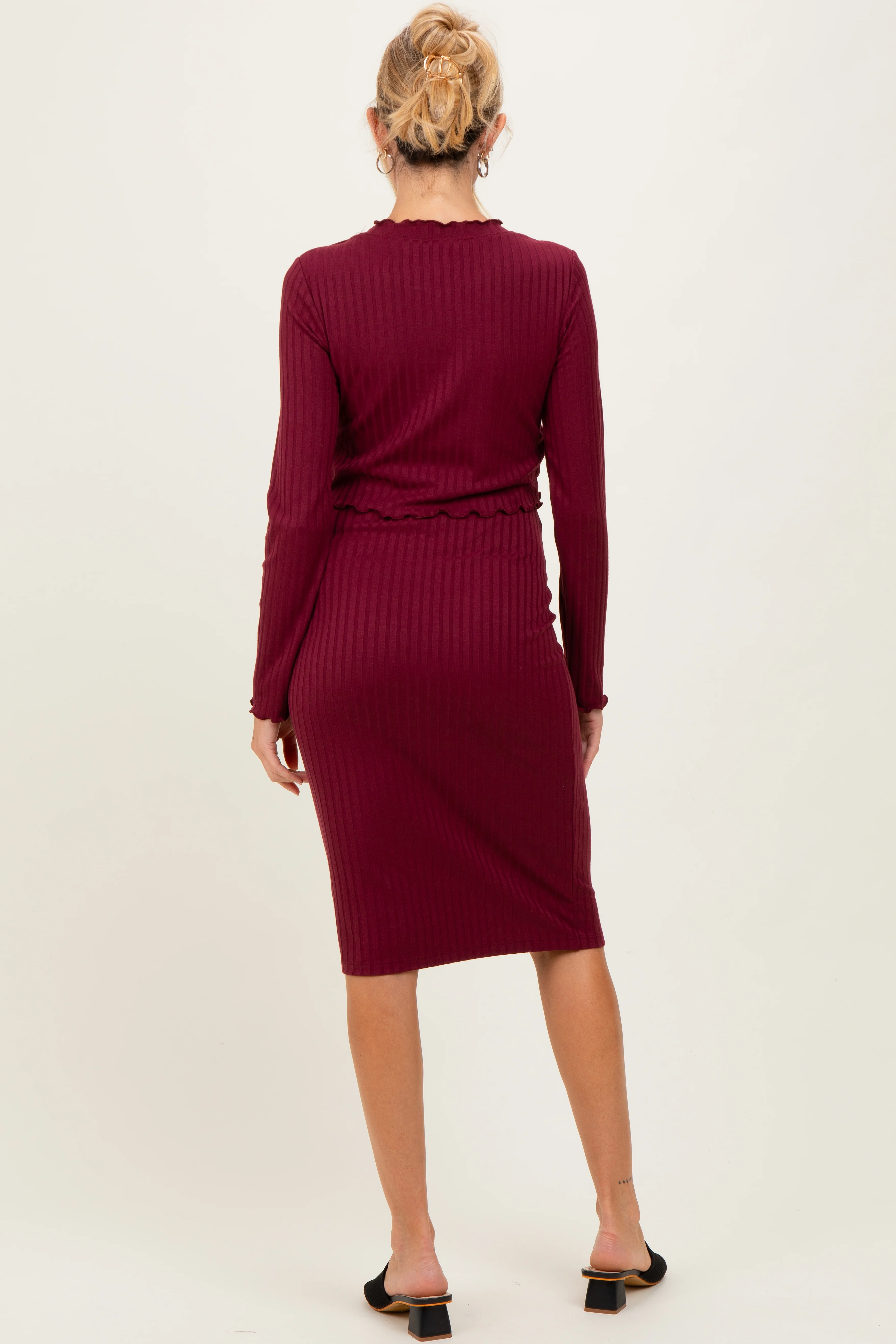Burgundy Ribbed Knit Long Sleeve Nursing Maternity Dress - Image 4