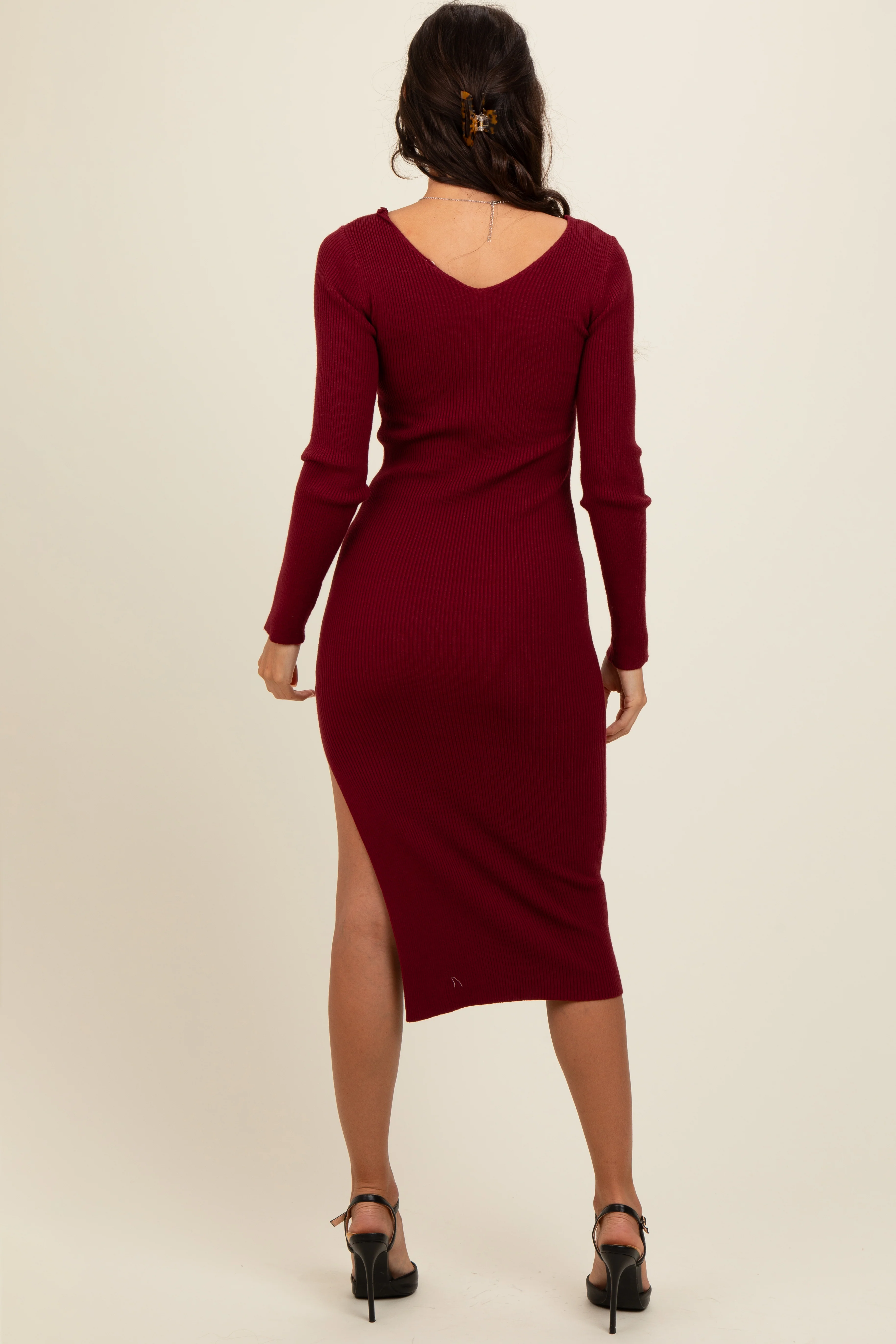 Burgundy Ribbed Knit Side Slit Midi Dress - Image 4