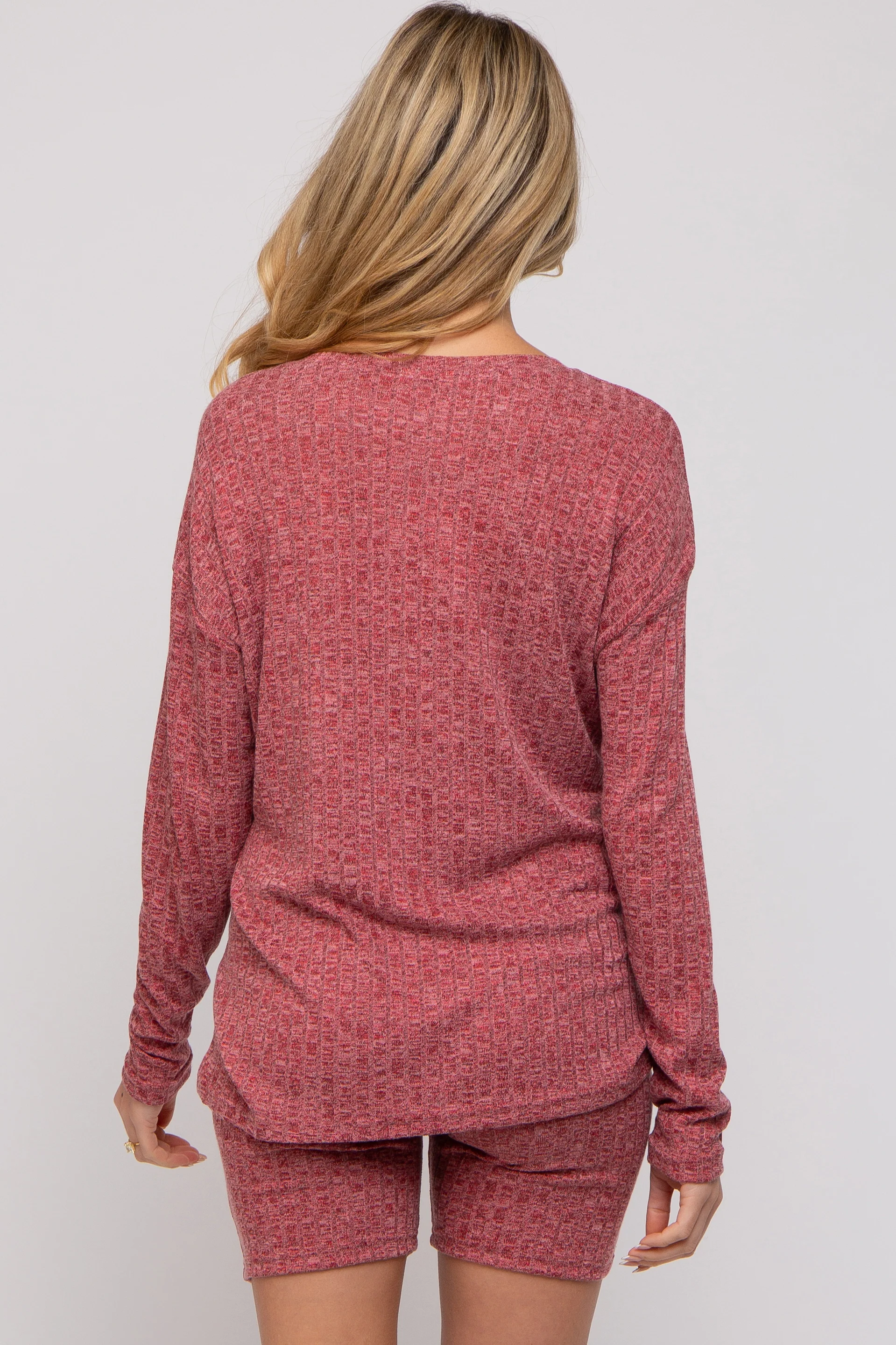 Burgundy Ribbed Long Sleeve Maternity Shorts Set - Image 5
