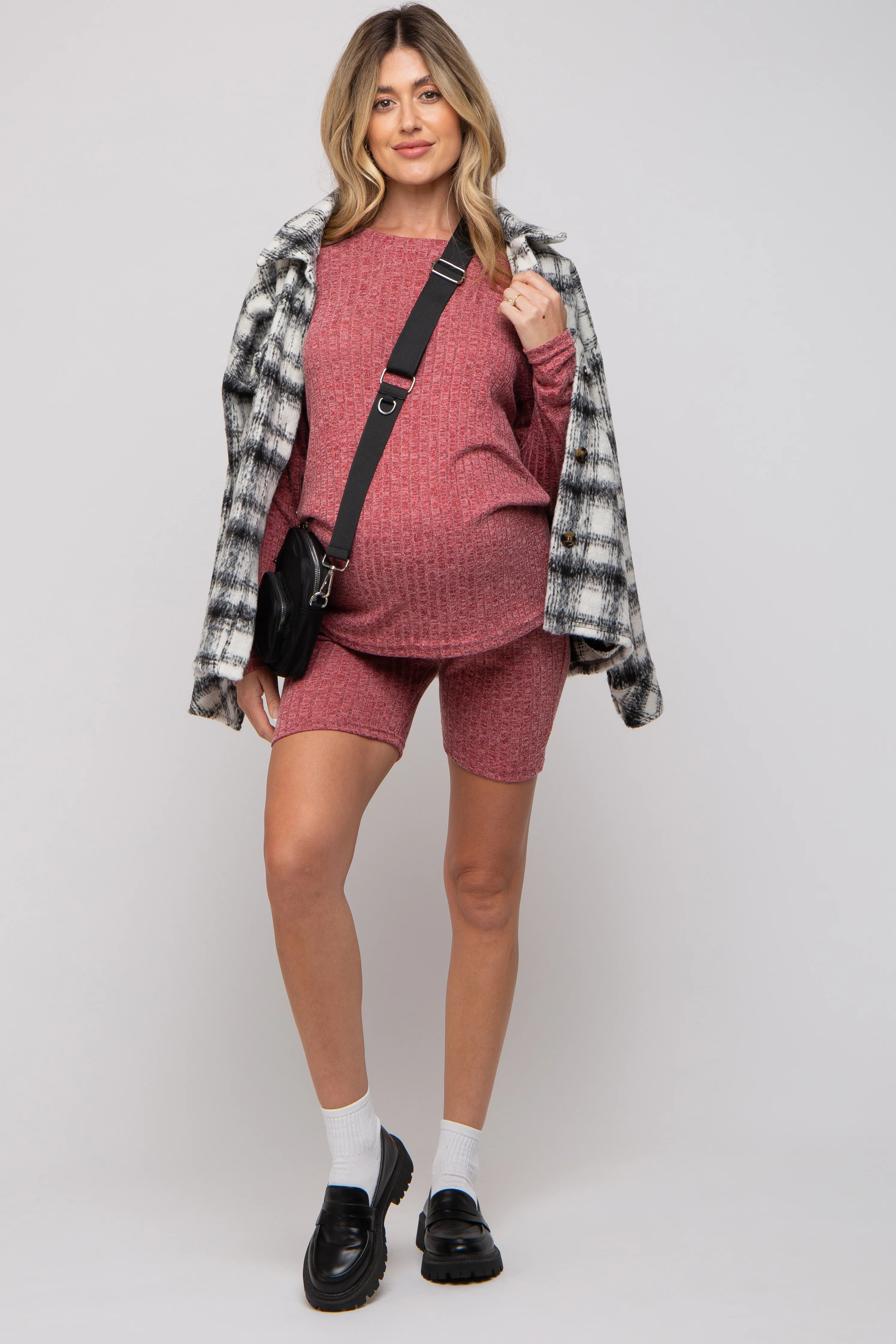 Burgundy Ribbed Long Sleeve Maternity Shorts Set - Image 6