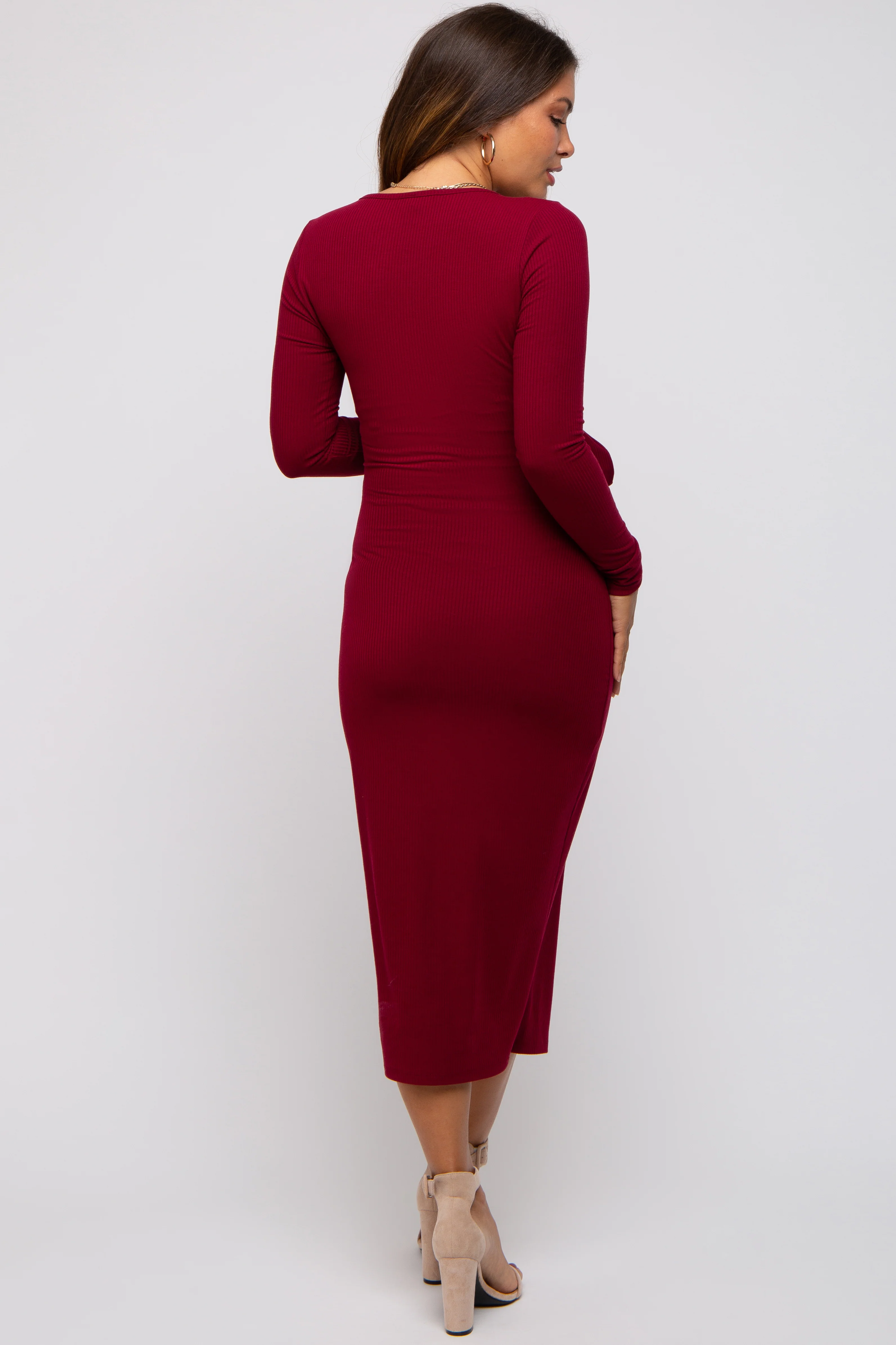 Burgundy Ribbed Long Sleeve Maternity Wrap Dress - Image 4