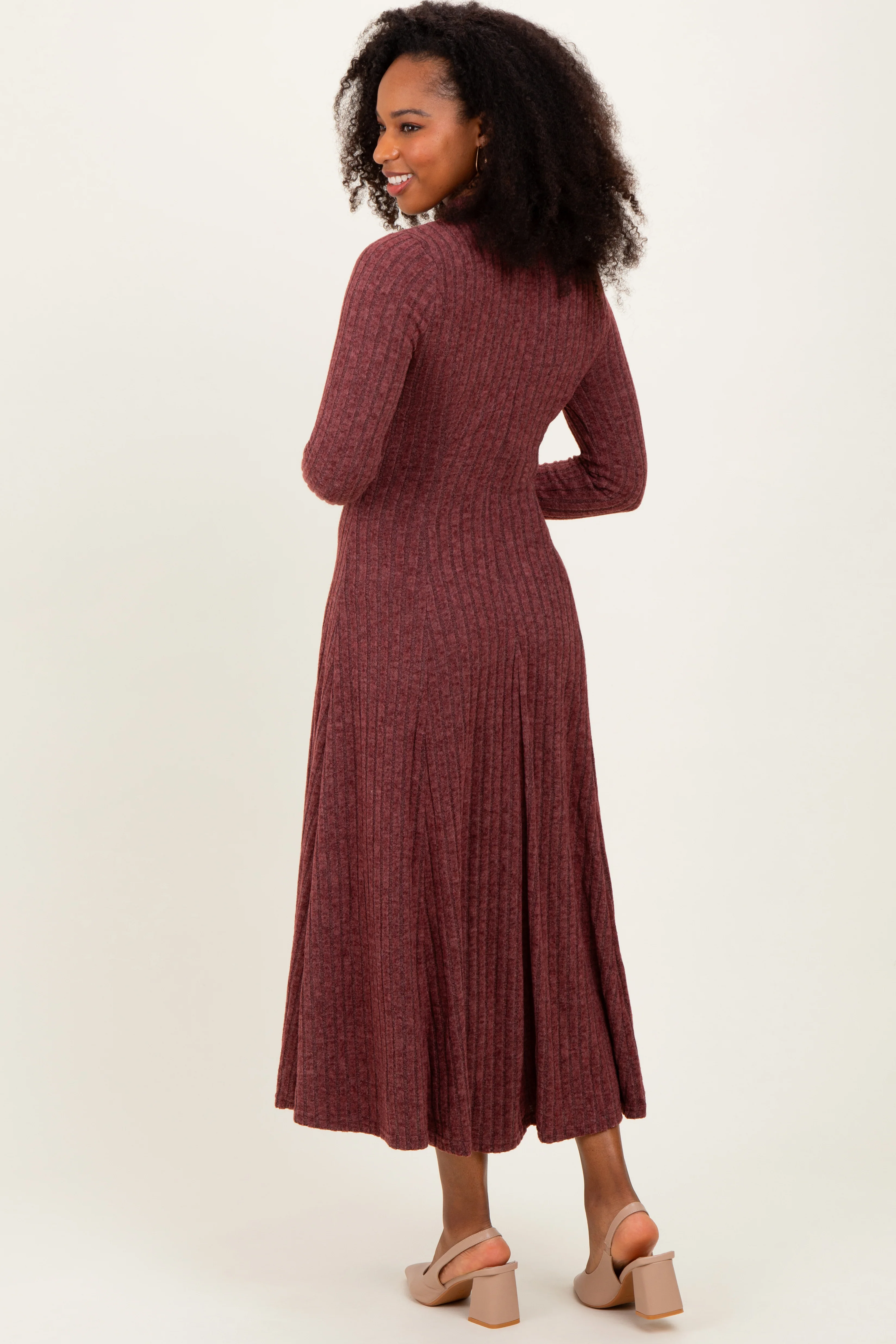 Burgundy Ribbed Mock Neck Midi Dress - Image 3