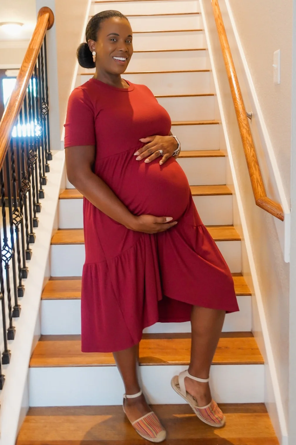 Burgundy Ribbed Tiered Maternity Dress - Image 4
