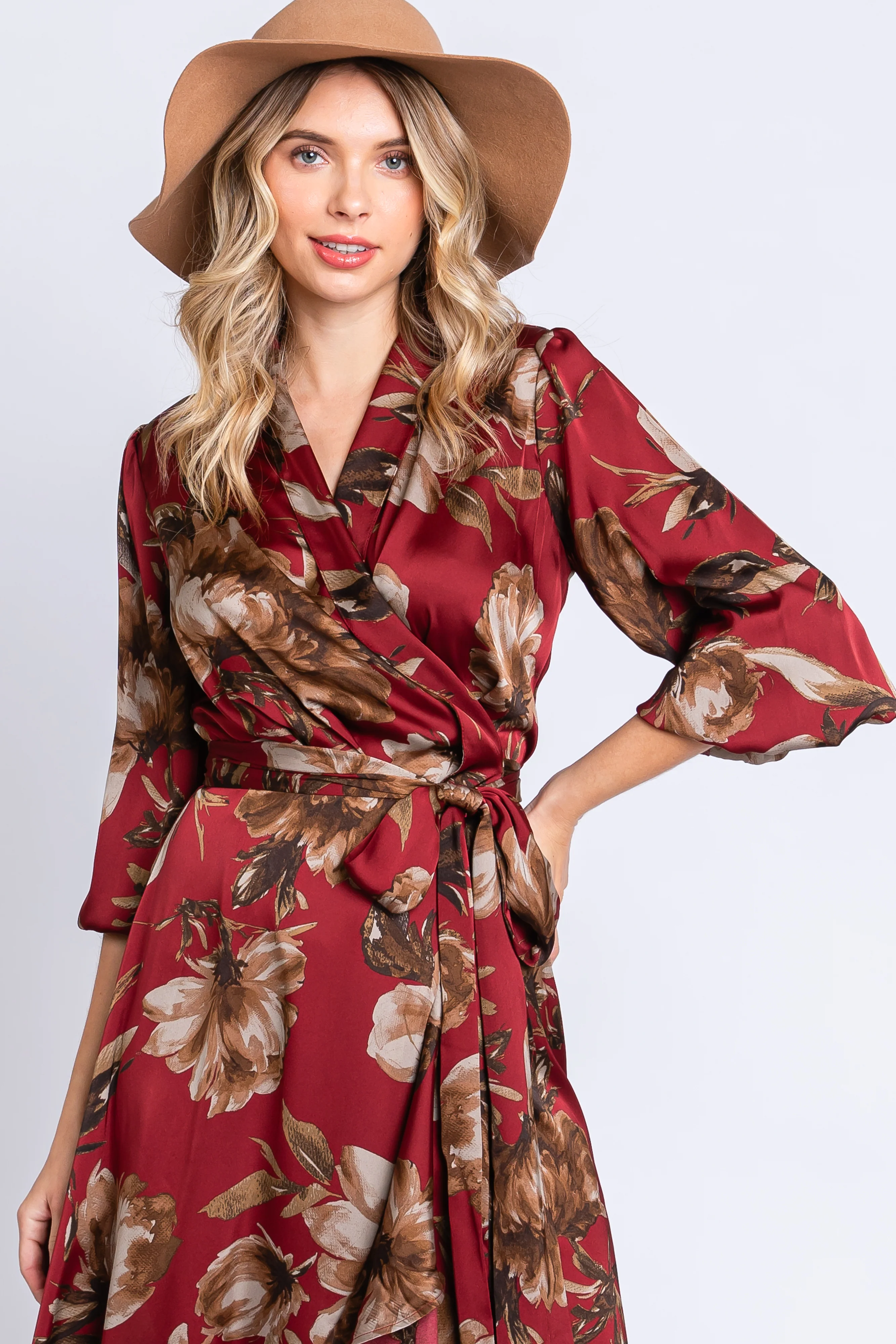 Burgundy Satin Asymmetrical Flounce Trim Midi Dress - Image 5