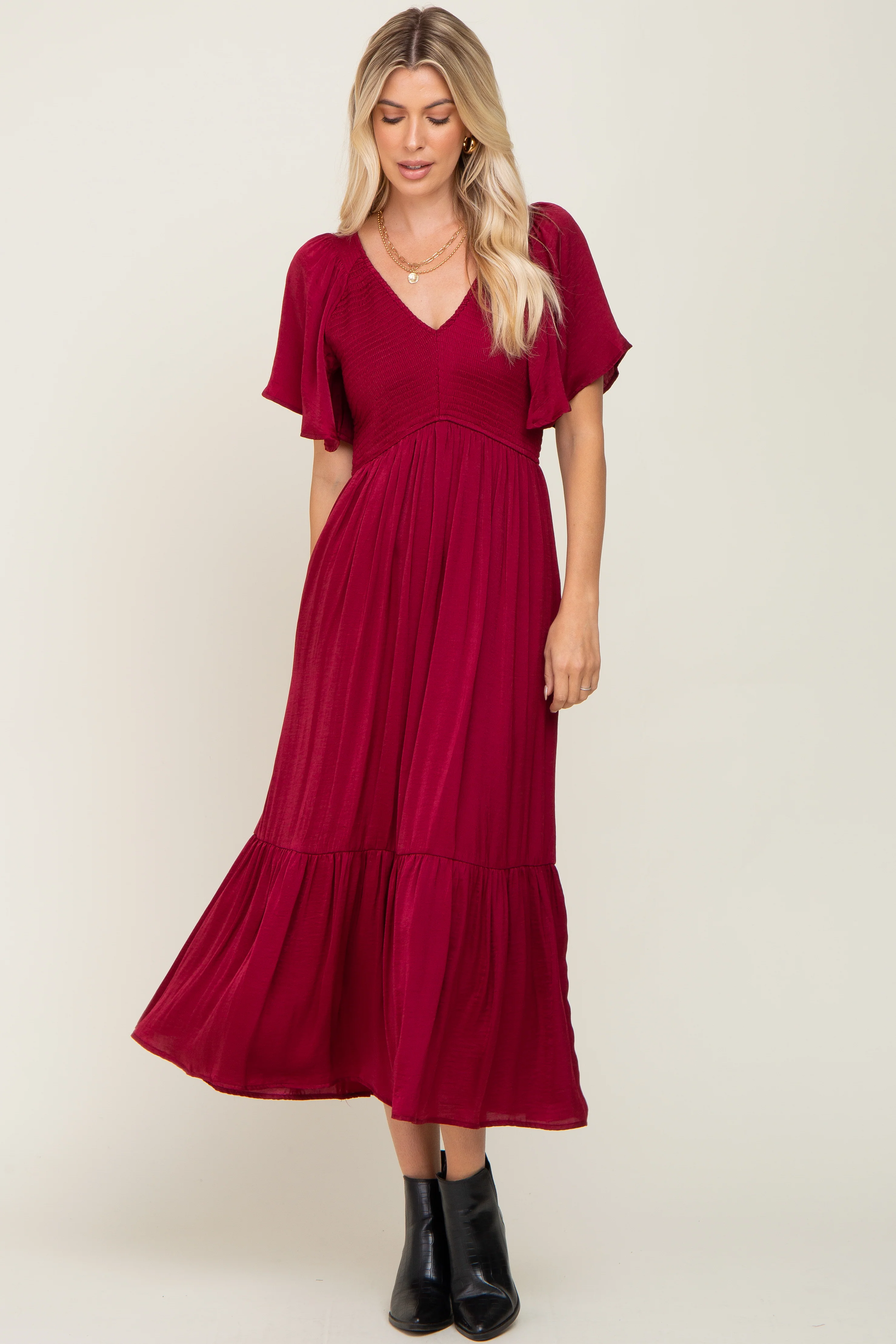 Burgundy Satin Smocked Midi Dress - Image 4