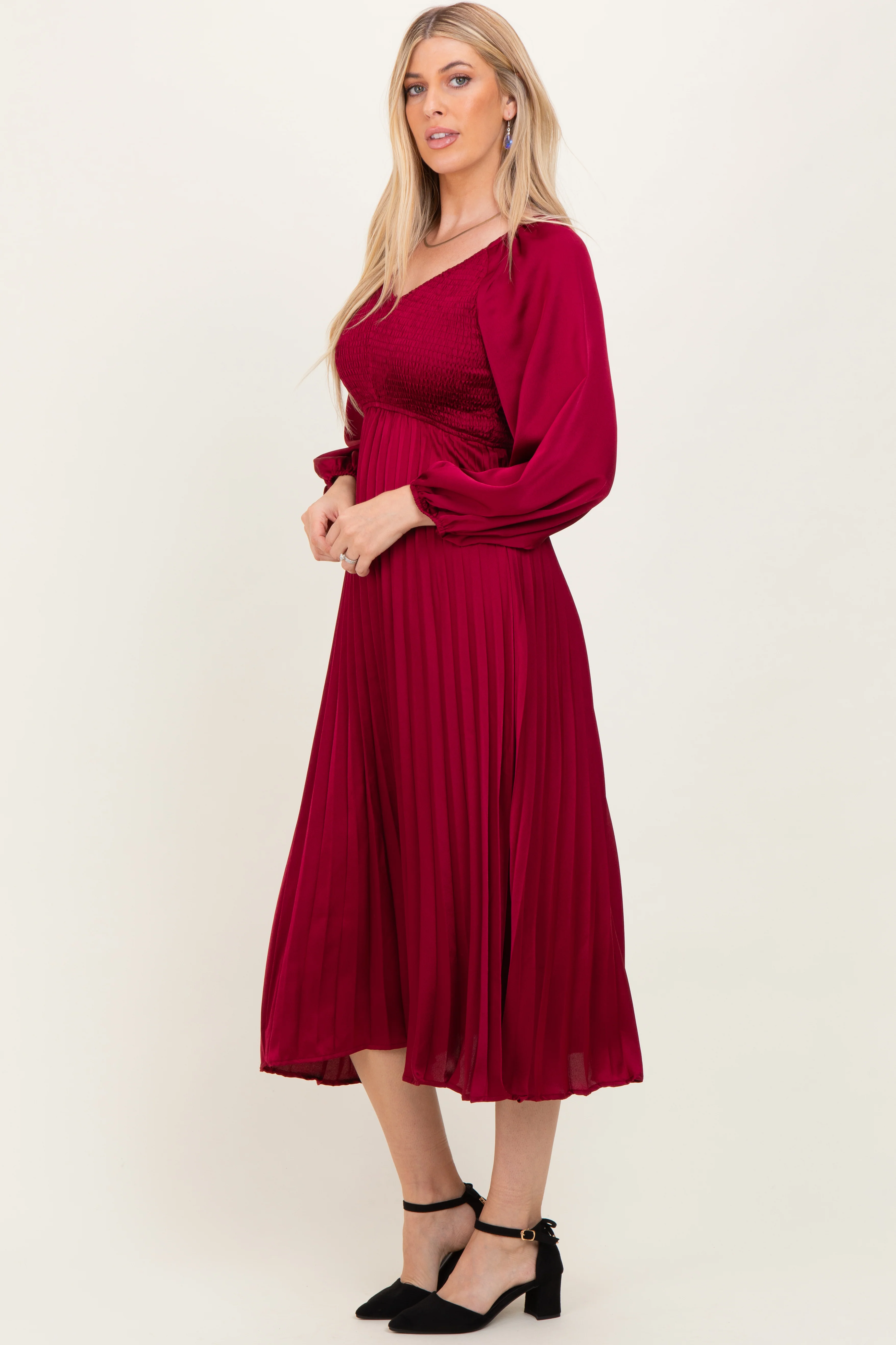 Burgundy Satin Smocked Pleated Midi Dress - Image 3