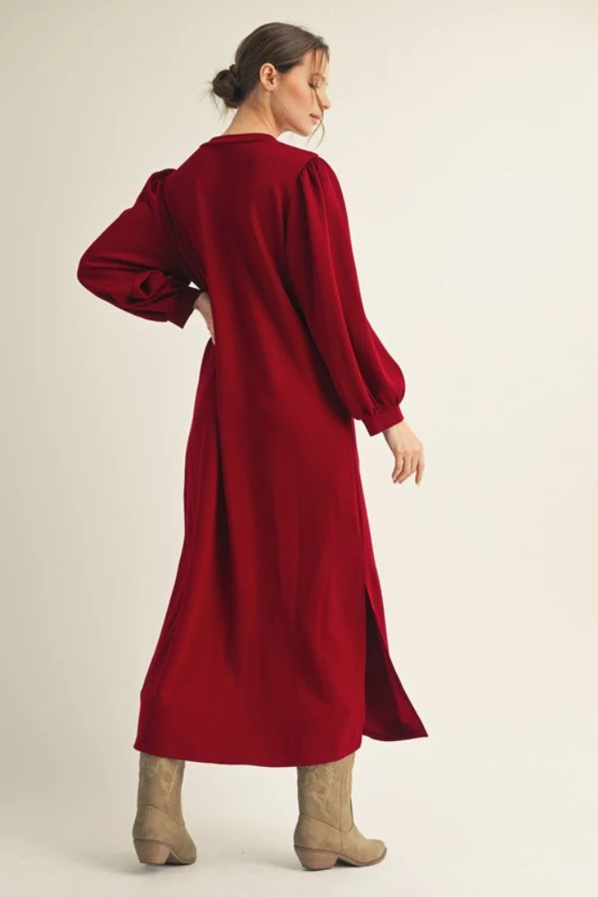Burgundy Side Slit Detail Solid Midi Dress - Image 3