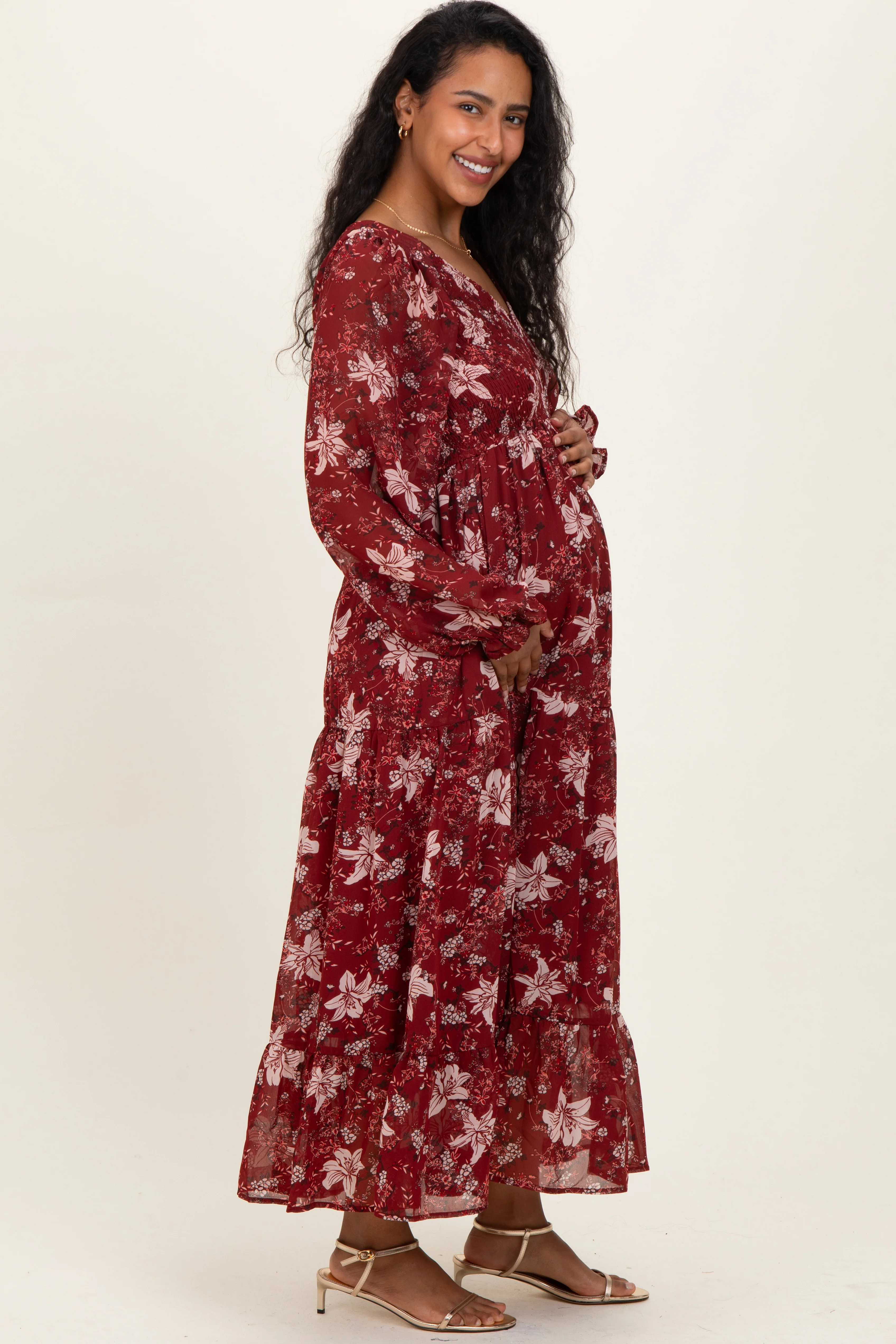 Burgundy Smocked Floral Maternity Midi Dress - Image 3