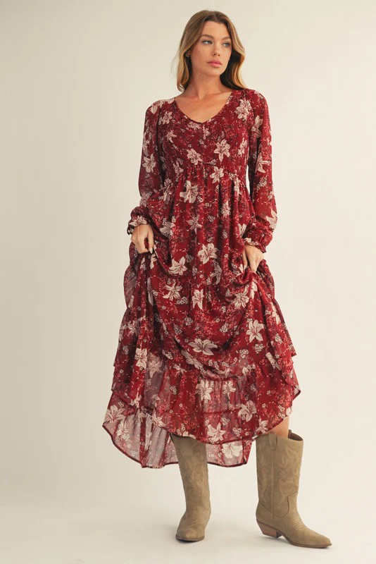 Burgundy Smocked Floral Midi Dress - Image 2