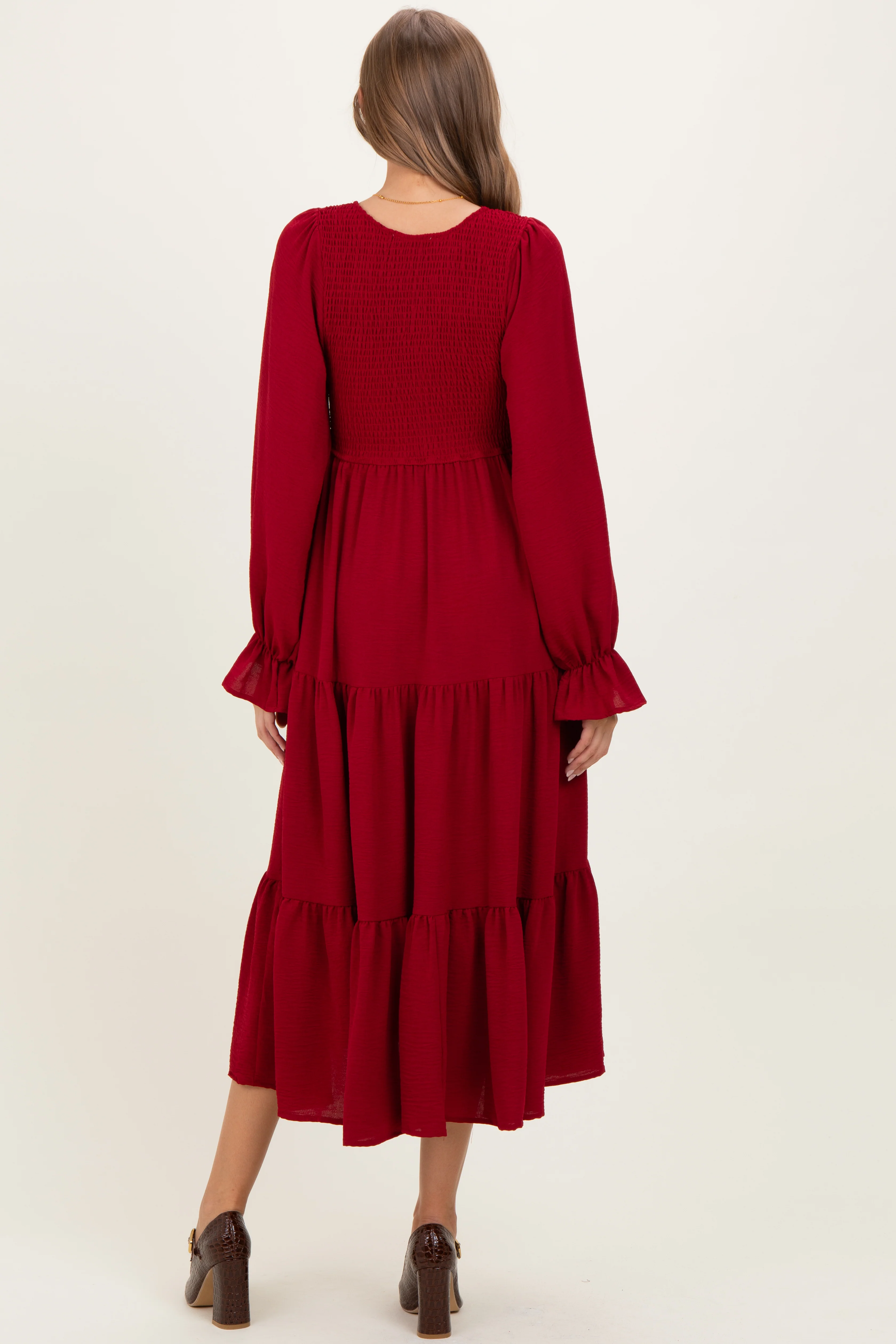 Burgundy Smocked Tiered Long Sleeve Maternity Maxi Dress - Image 4