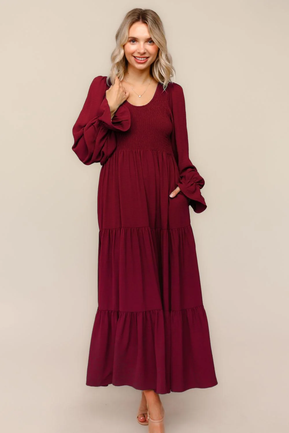 Burgundy Smocked Tiered Long Sleeve Maternity Maxi Dress - Image 5