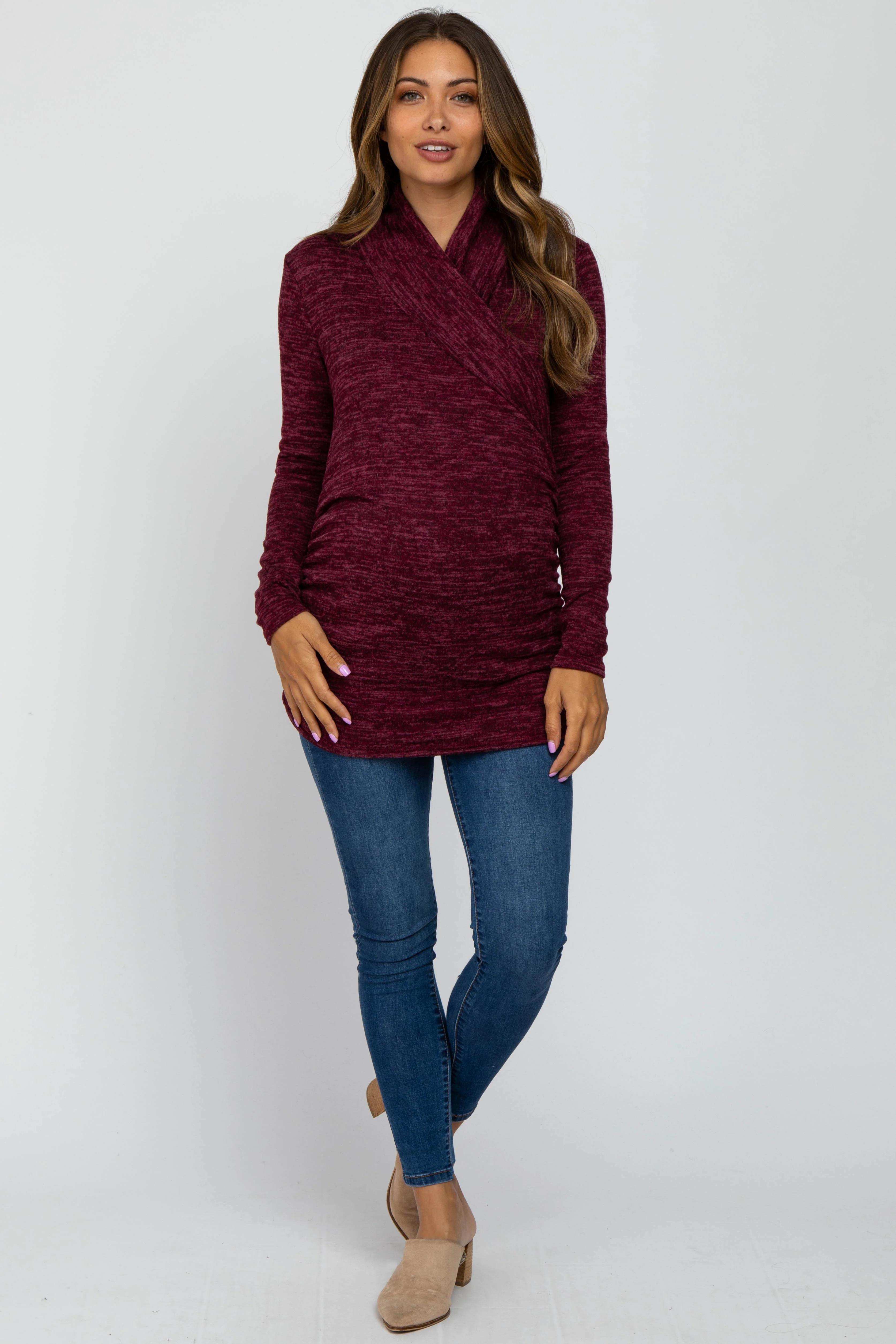 Burgundy Soft Heathered Draped Wrap Maternity/Nursing Top - Image 4